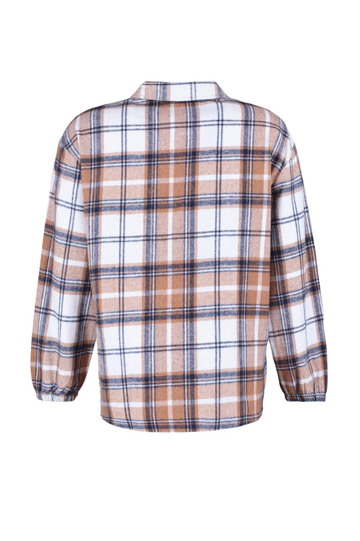 Brown Plaid Collared Plus Size Shirt, , large image number 6