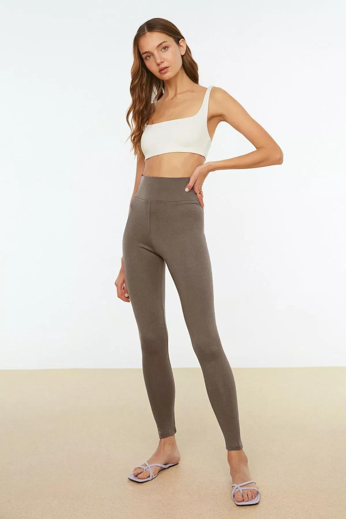 Beige Elastic Waist Leggings, , medium