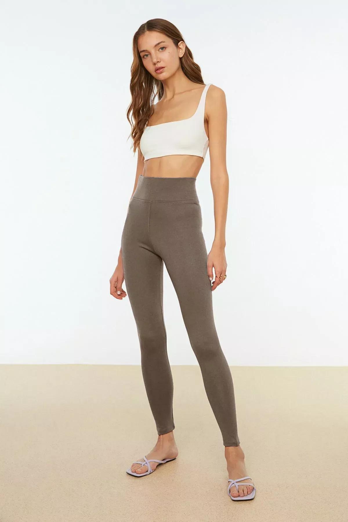 Beige Elastic Waist Leggings, , large image number 2