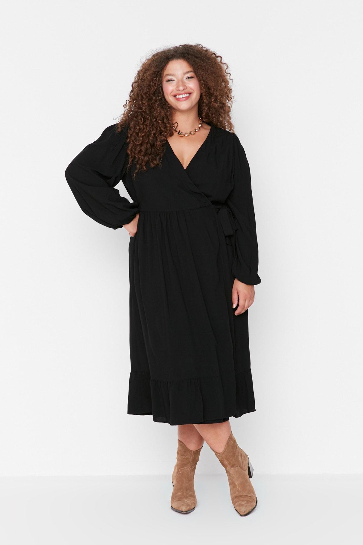 Trendyol - Black Wrapover Double-Breasted Plus Size Dress