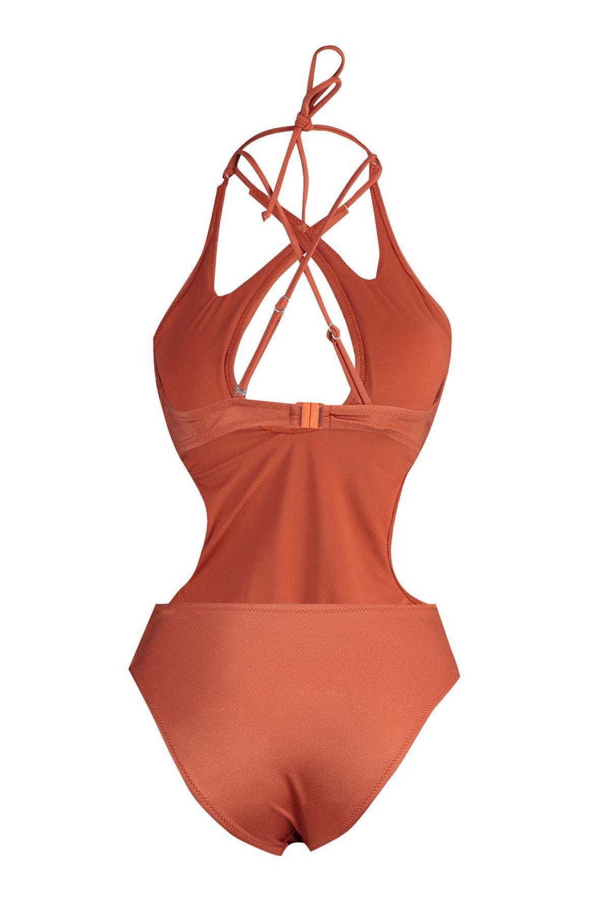 Trendyol - Brown Plain Swimsuit