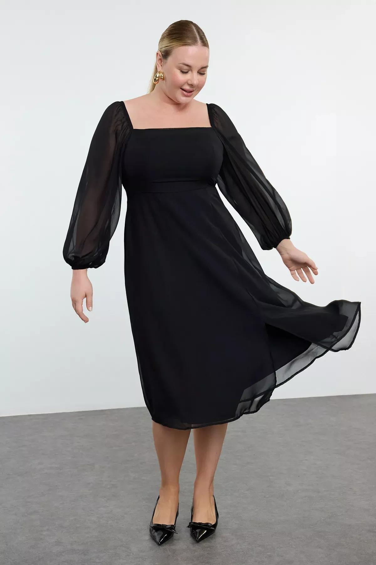 Black A-Line Midi Plus Size Dress, Black, medium
