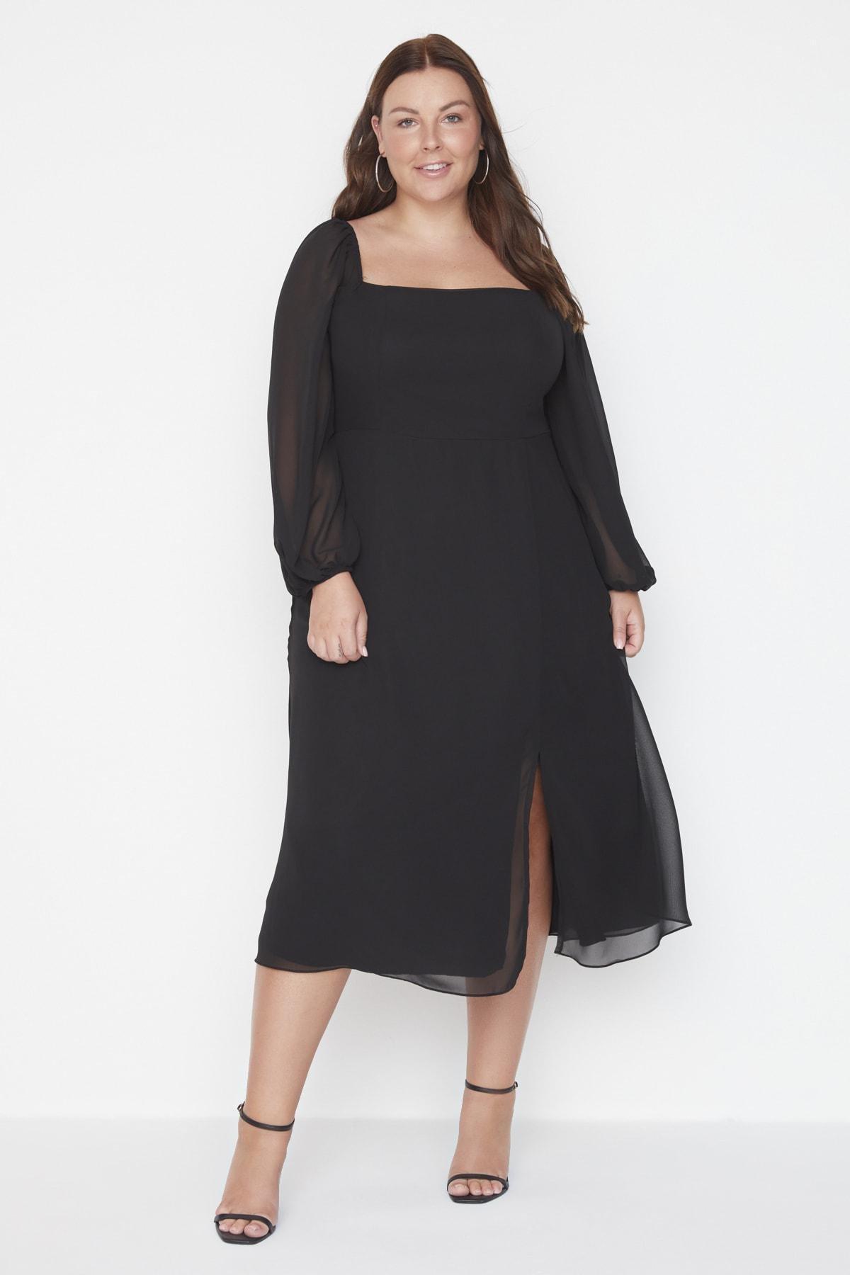 Black A-Line Midi Plus Size Dress, , large image number 0