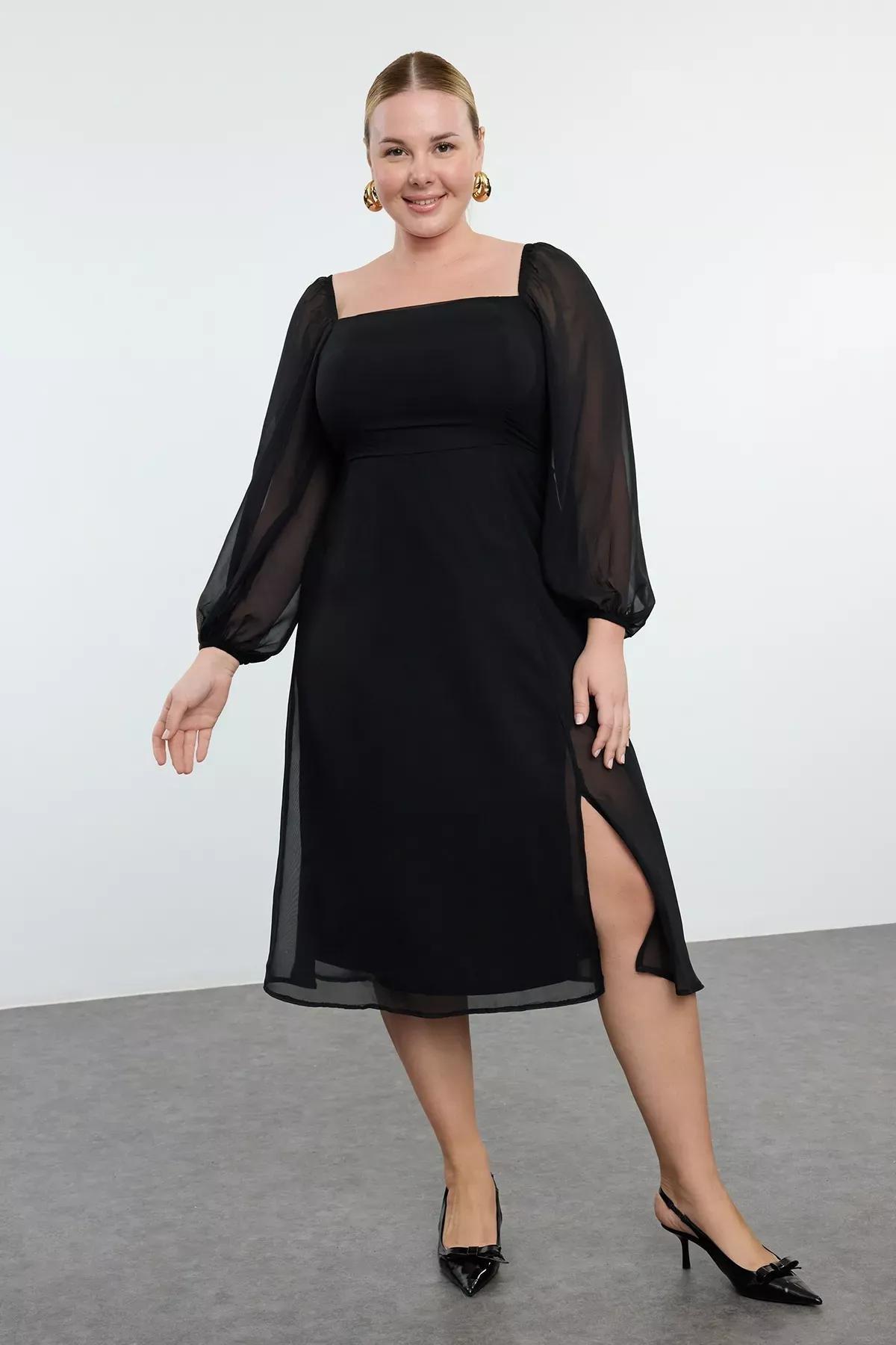 Black A-Line Midi Plus Size Dress, Black, medium