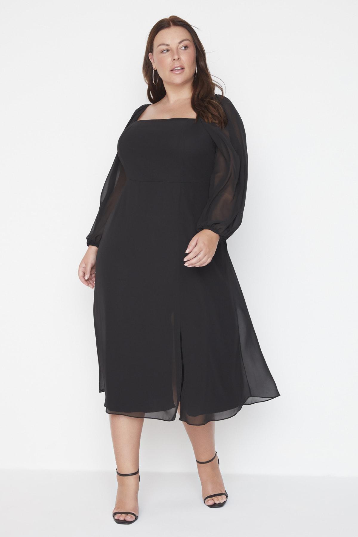 Black A-Line Midi Plus Size Dress, , large image number 1