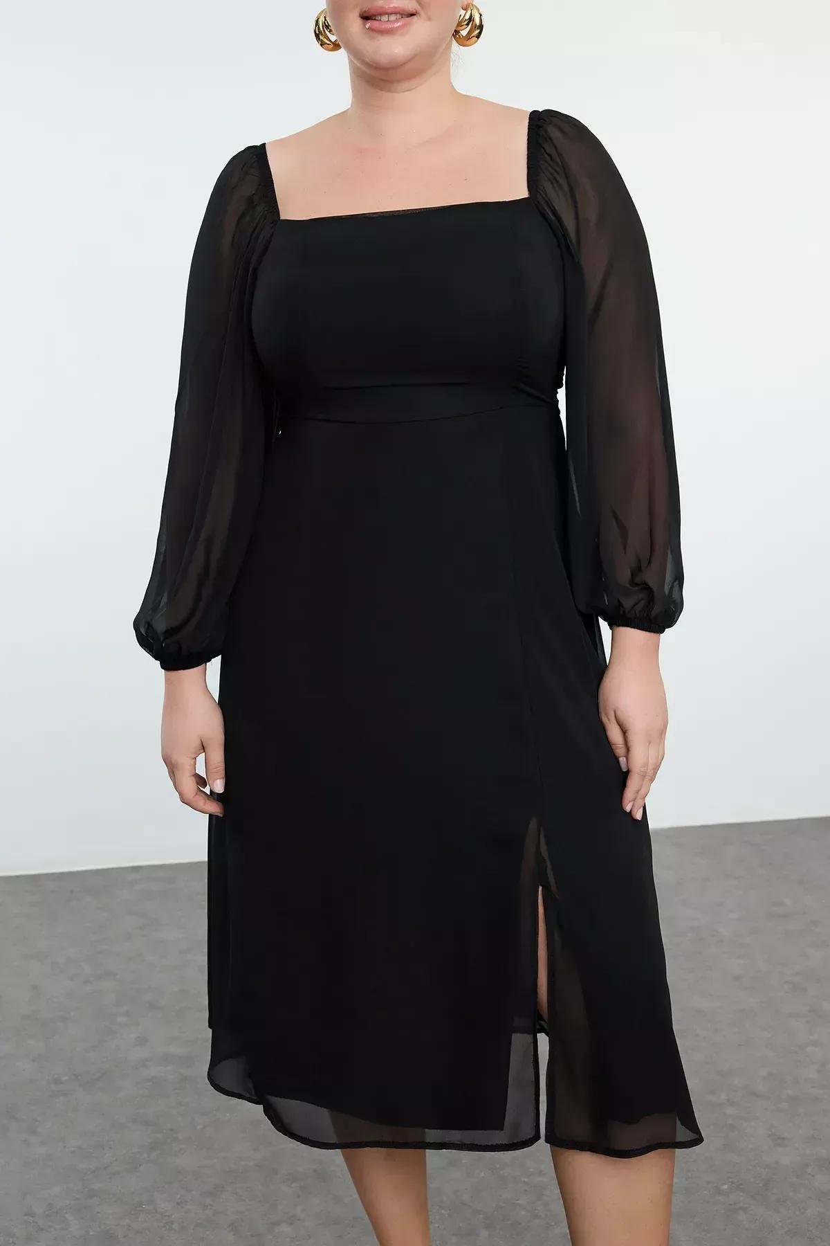 Black A-Line Midi Plus Size Dress, Black, medium