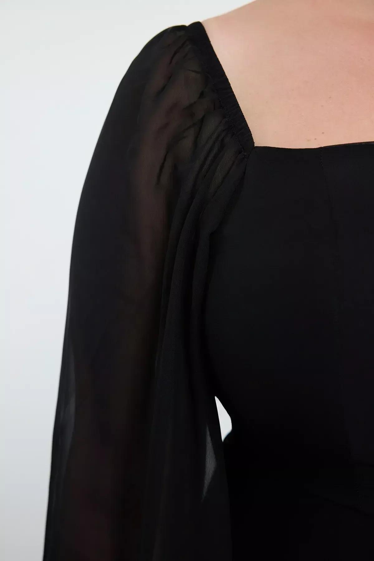 فستان متوسط الطول بقصة على شكل حرف A للمقاسات الكبيرة، أسود, Black, large image number 3