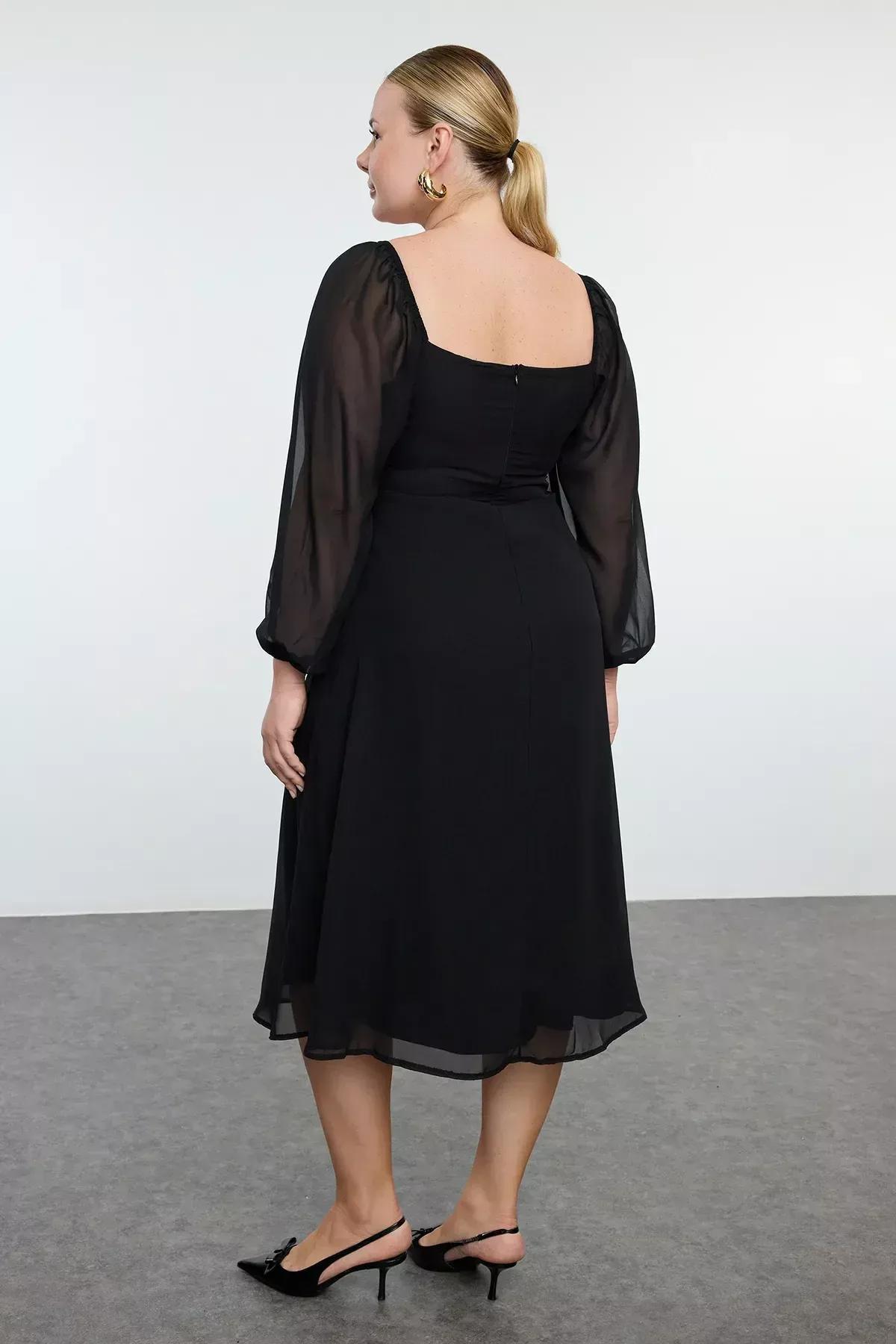 Black A-Line Midi Plus Size Dress, Black, large image number 4