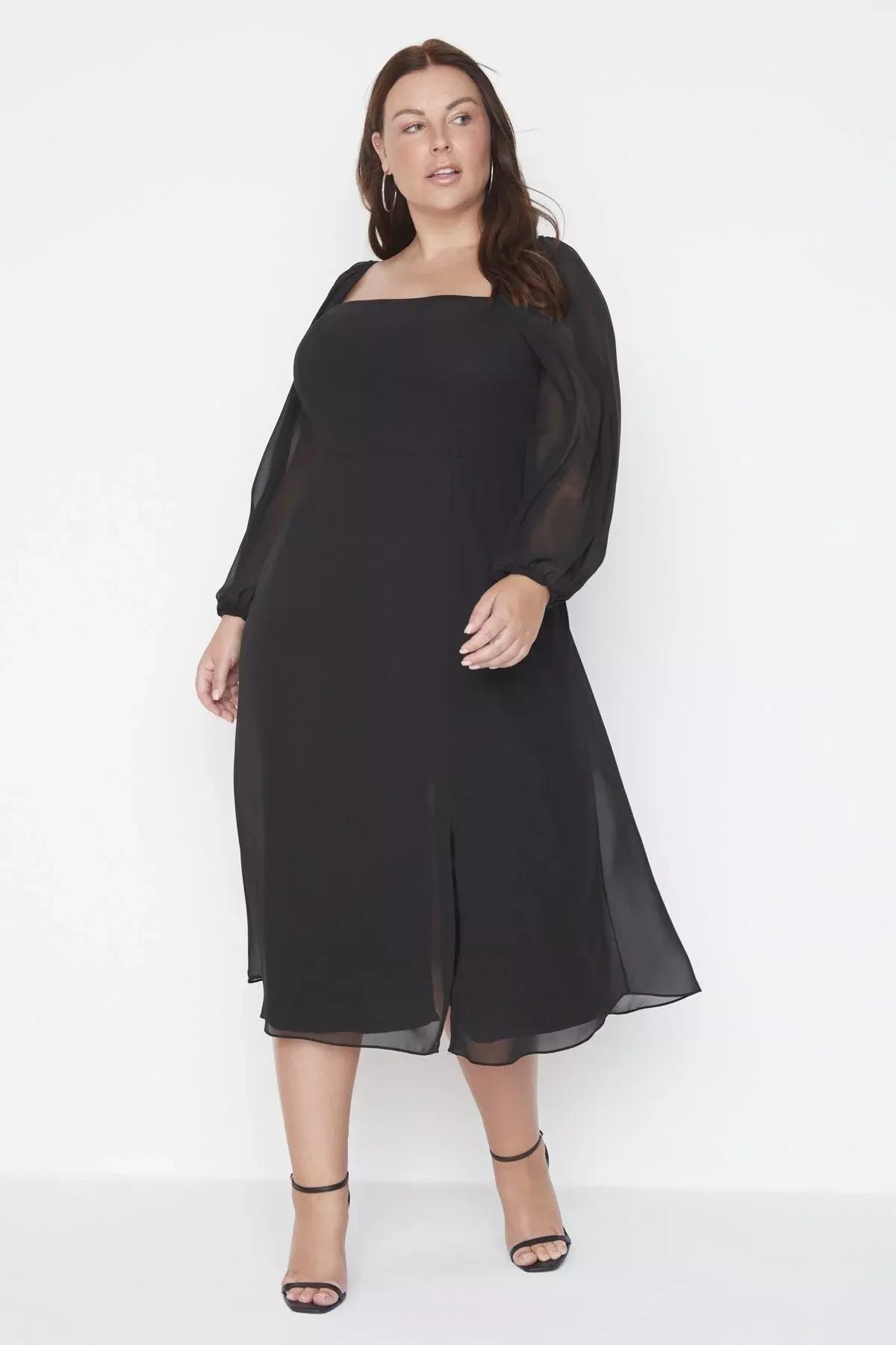 Black A-Line Midi Plus Size Dress, Black, large image number 5