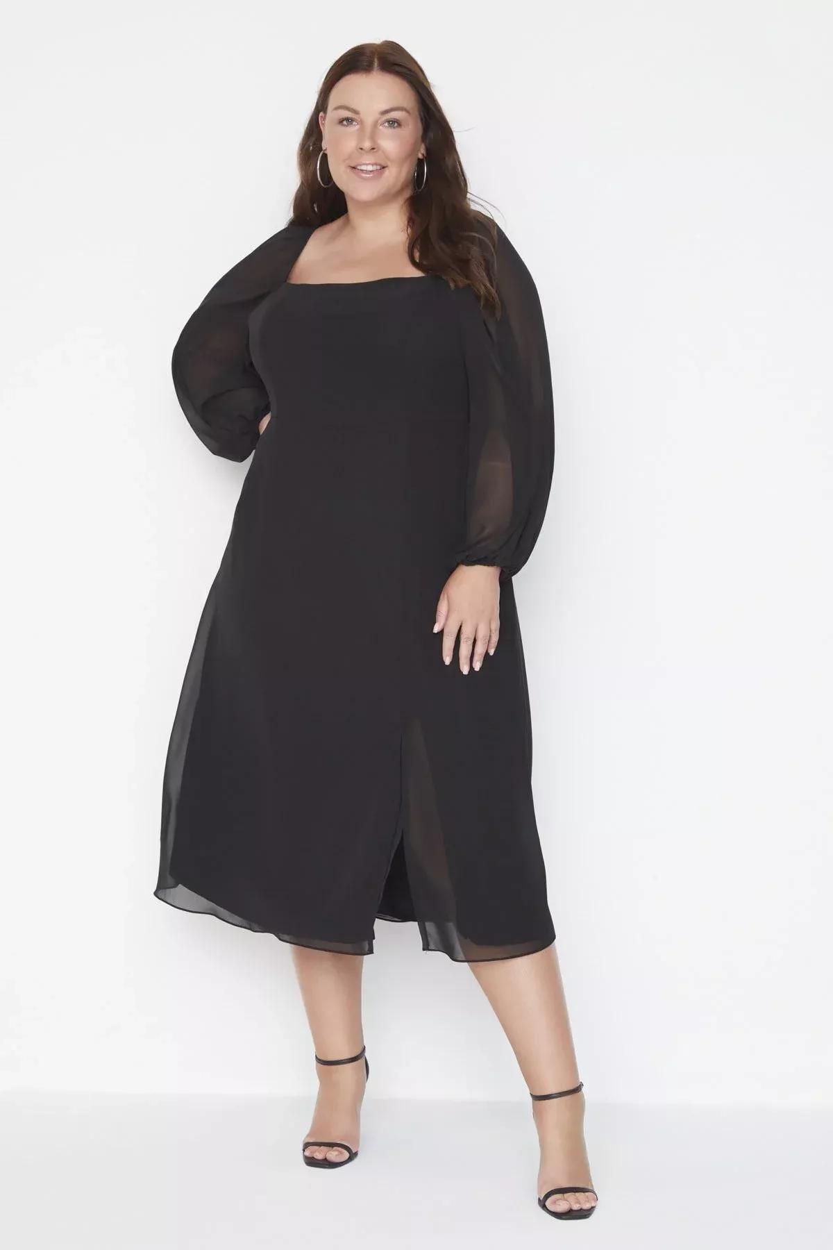 Black A-Line Midi Plus Size Dress, Black, large image number 7