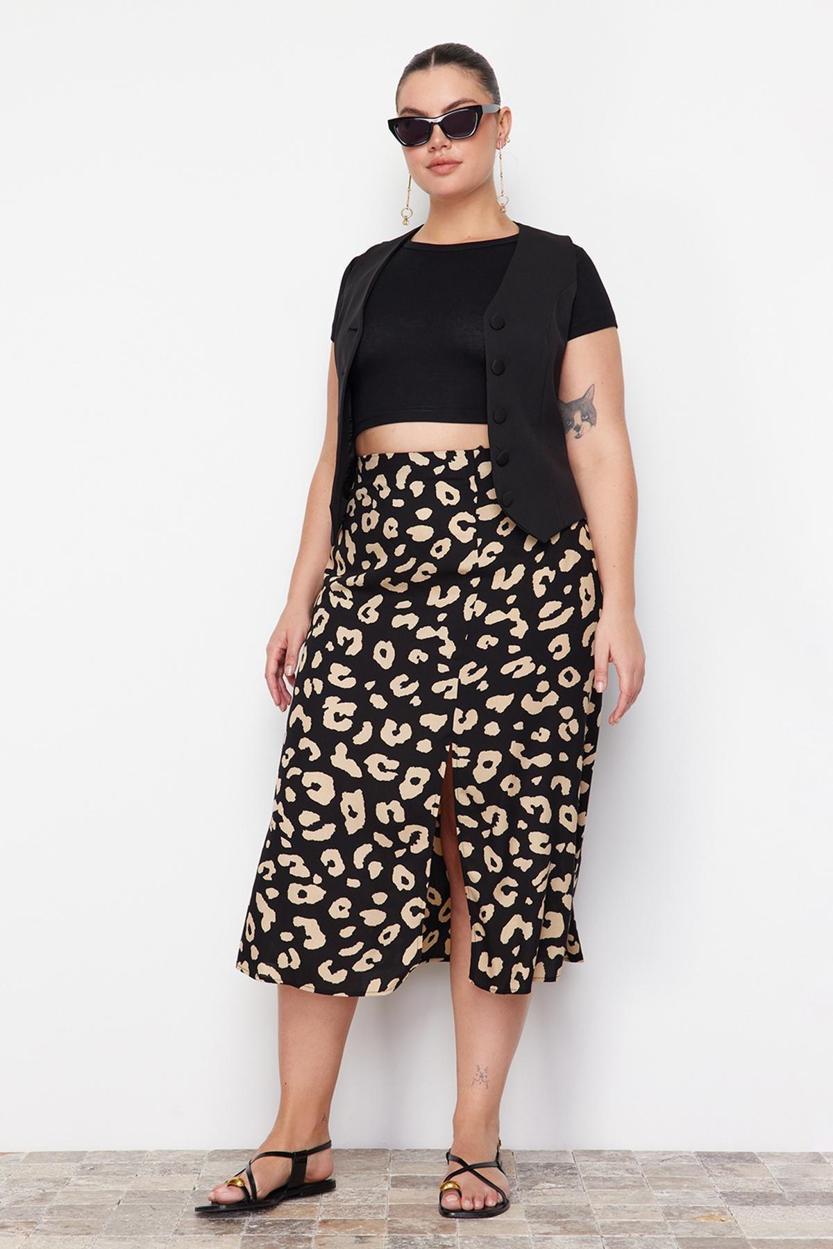 Black Midi Animal Print Plus Size Skirt, , large image number 0