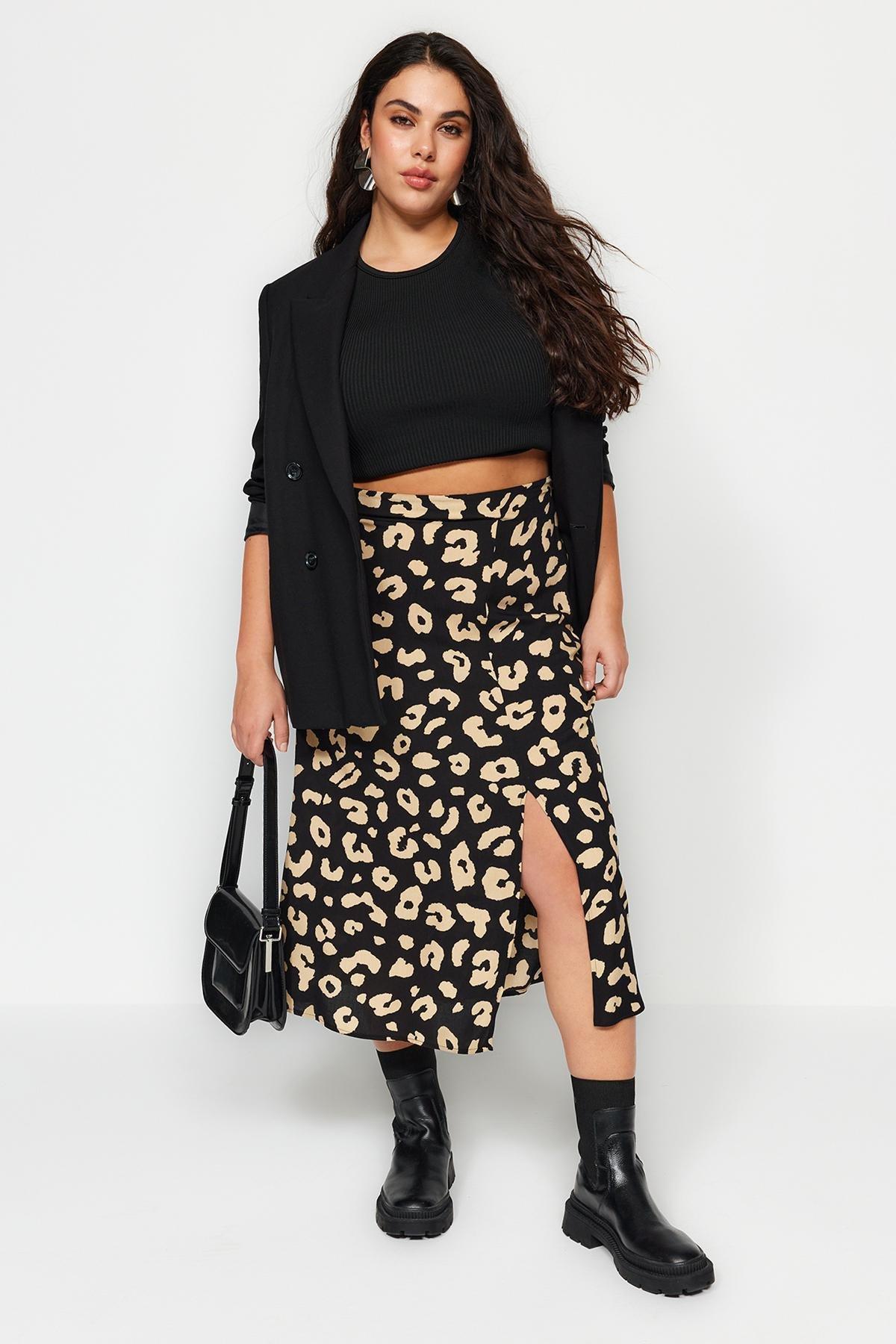 Black Midi Animal Print Plus Size Skirt, , large image number 1