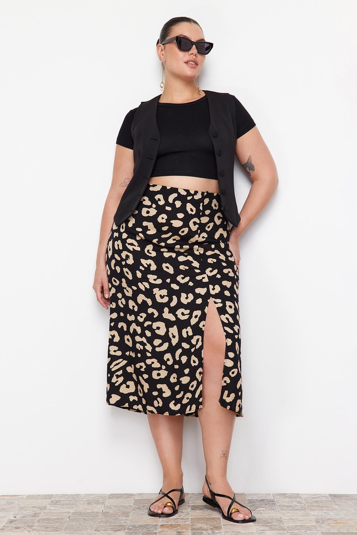Black Midi Animal Print Plus Size Skirt, , large image number 2