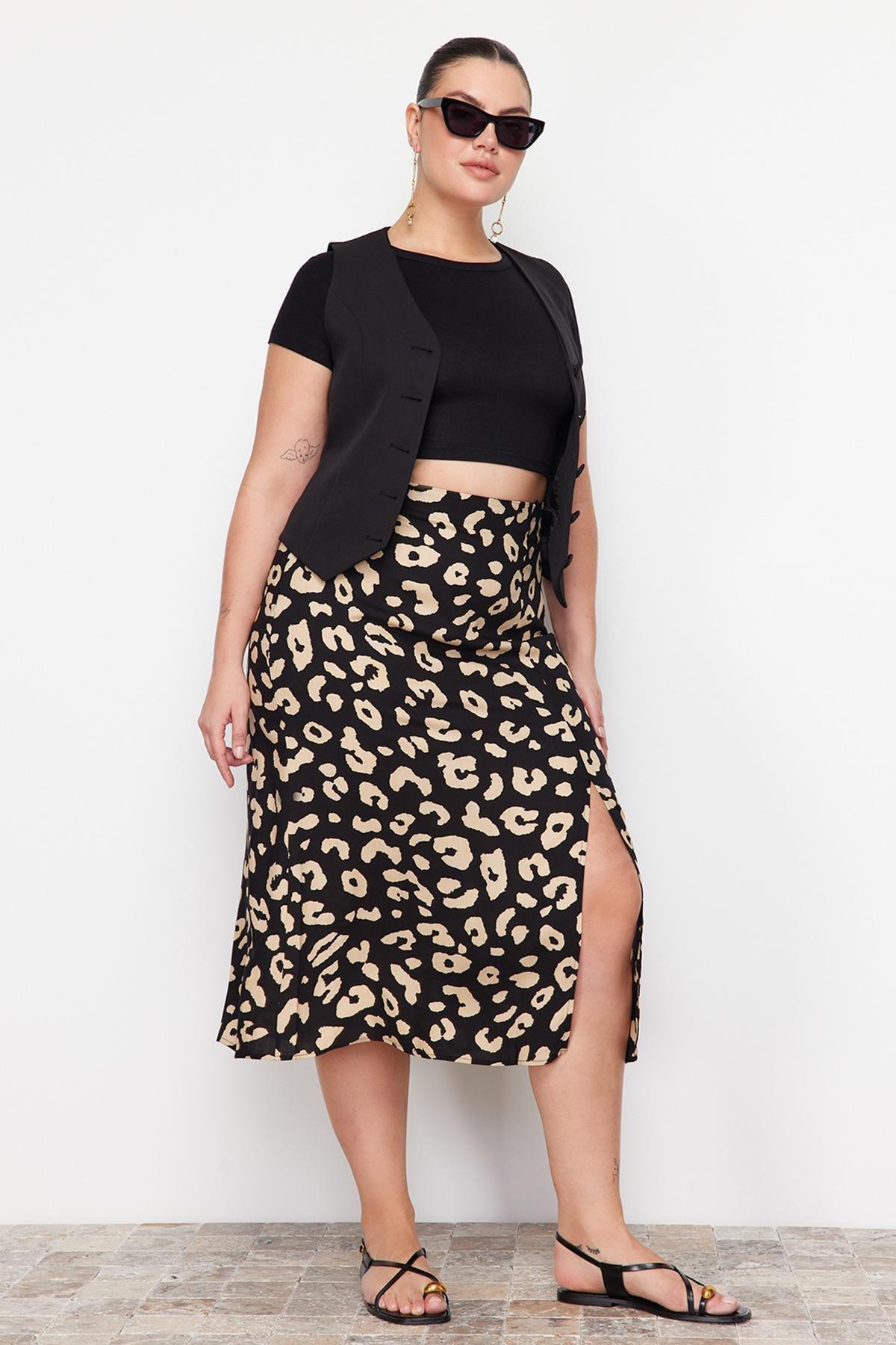 Black Midi Animal Print Plus Size Skirt, , large image number 3