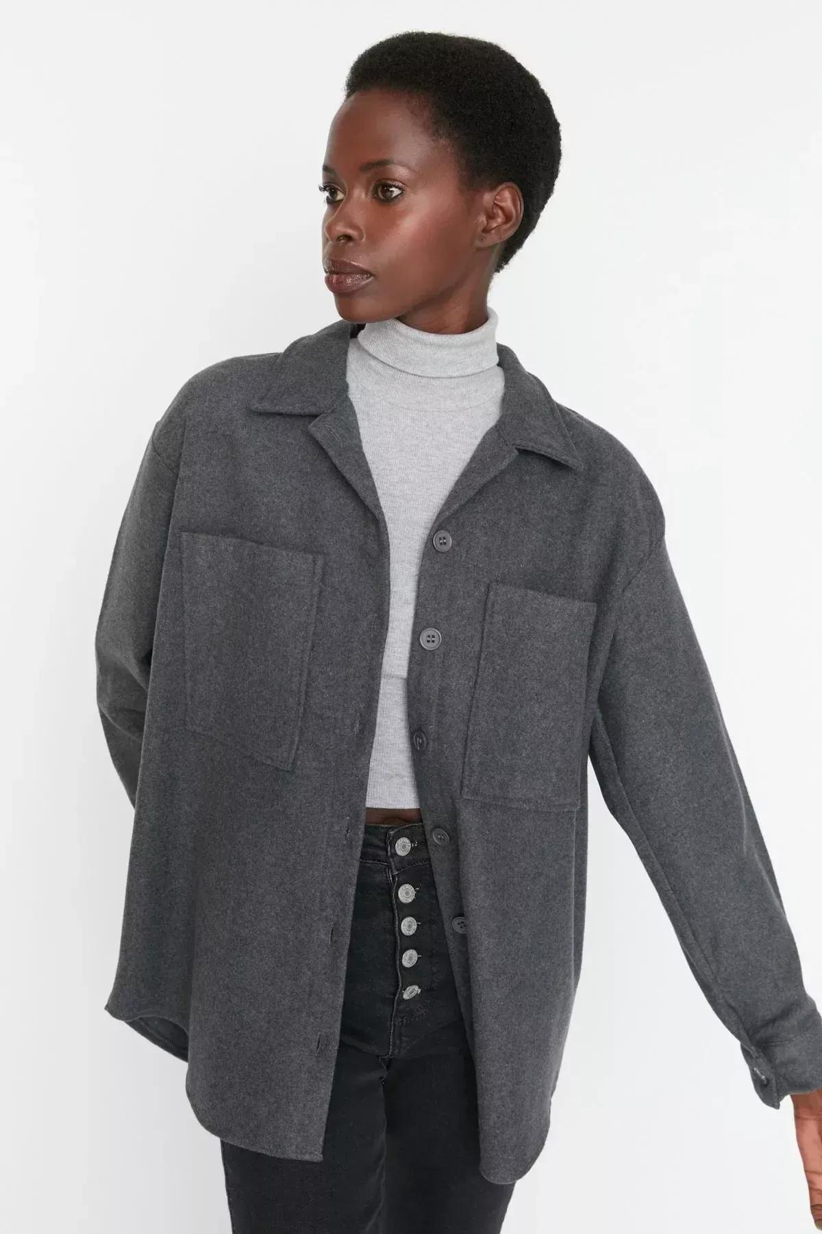 Grey Oversize Collar Shirt, Gray, large image number 0