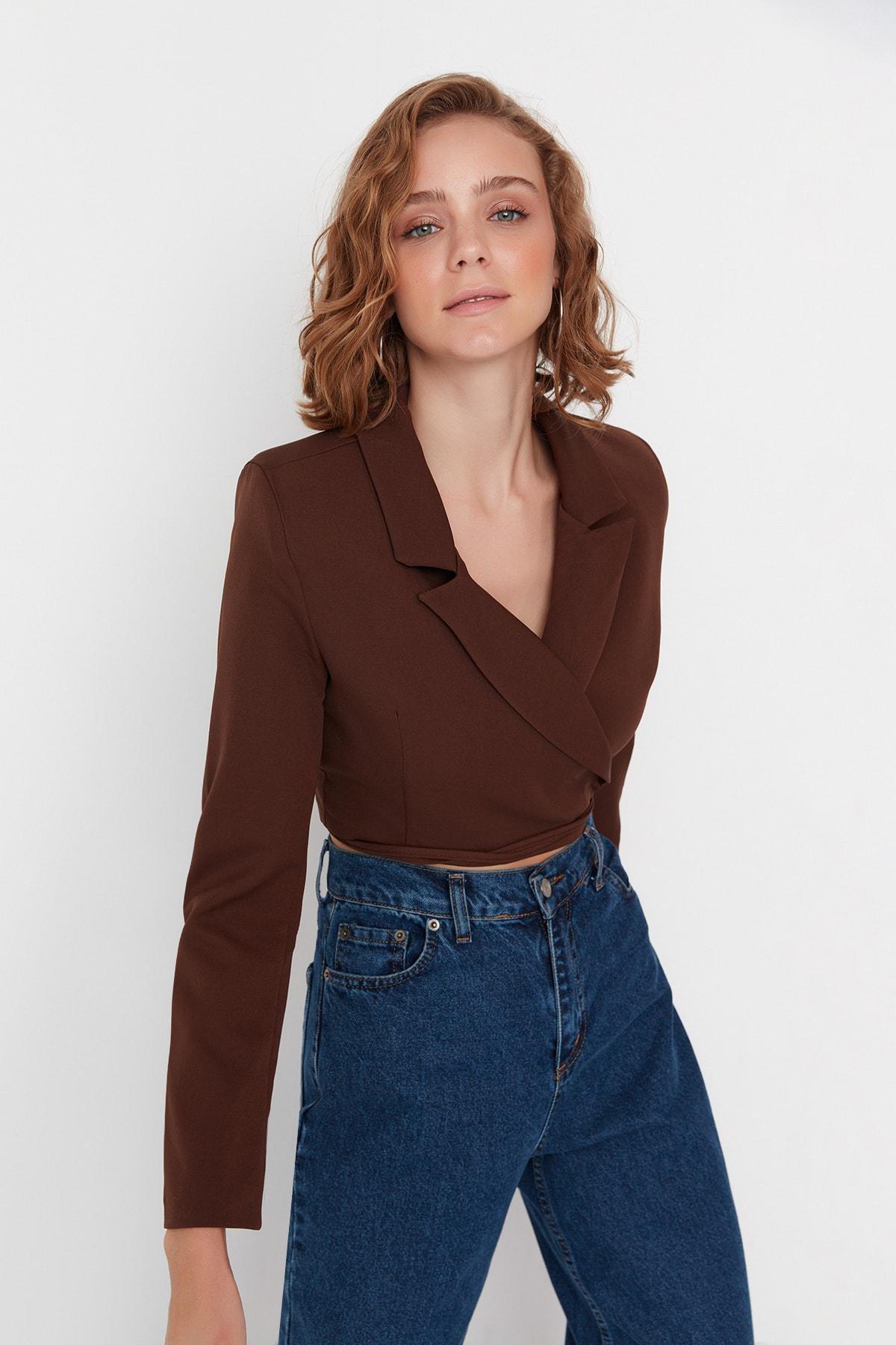 Brown Lapel Collar Blazer, , large image number 1