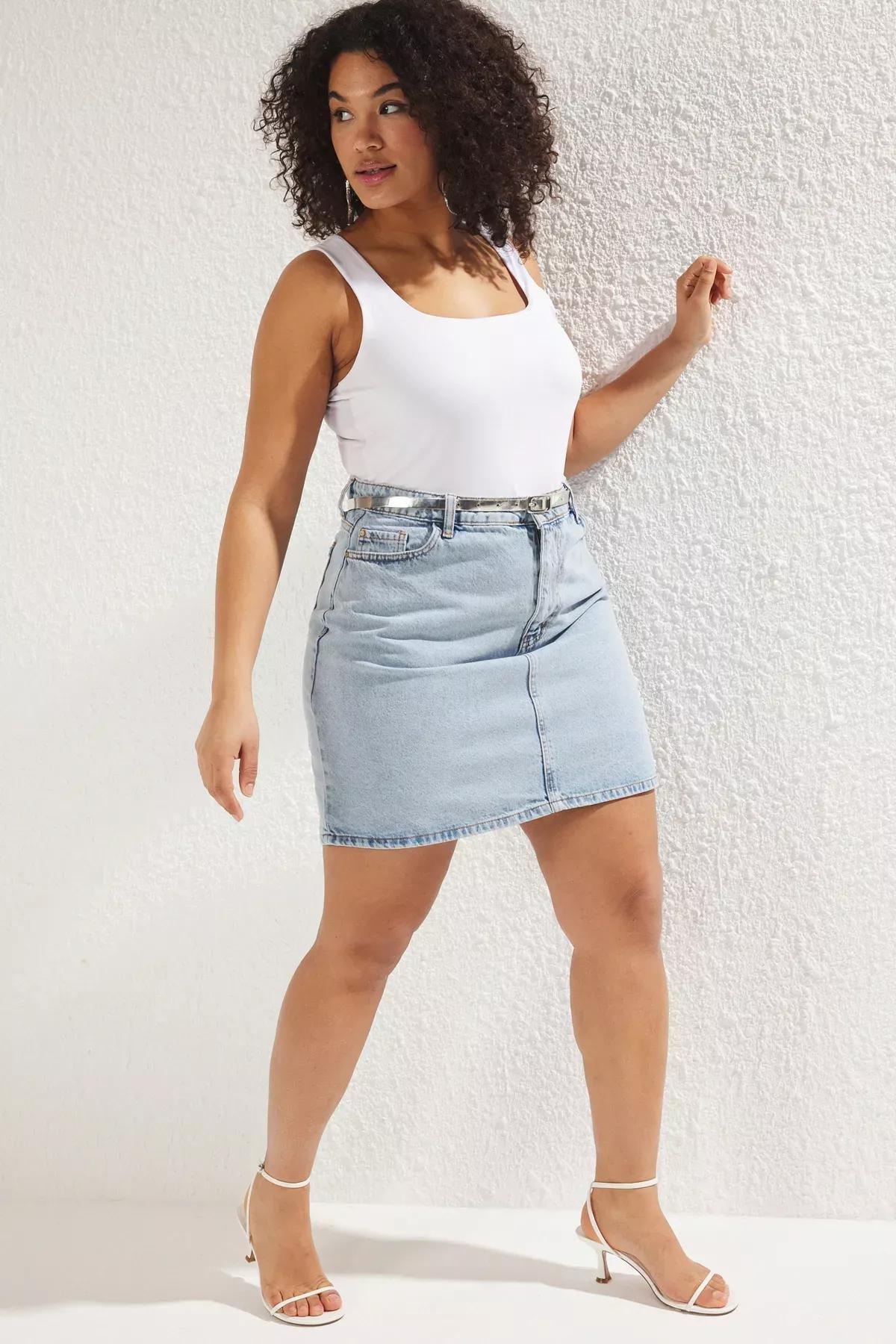 Blue High Waist A-Shape Denim Skirt, , large image number 1
