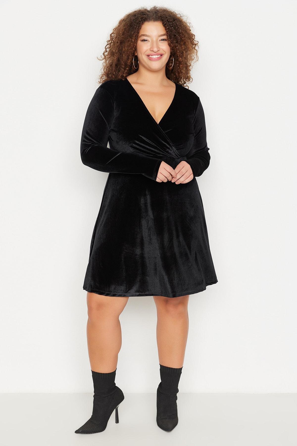 Black Skater Double-Breasted Plus Size Dress, , large image number 0
