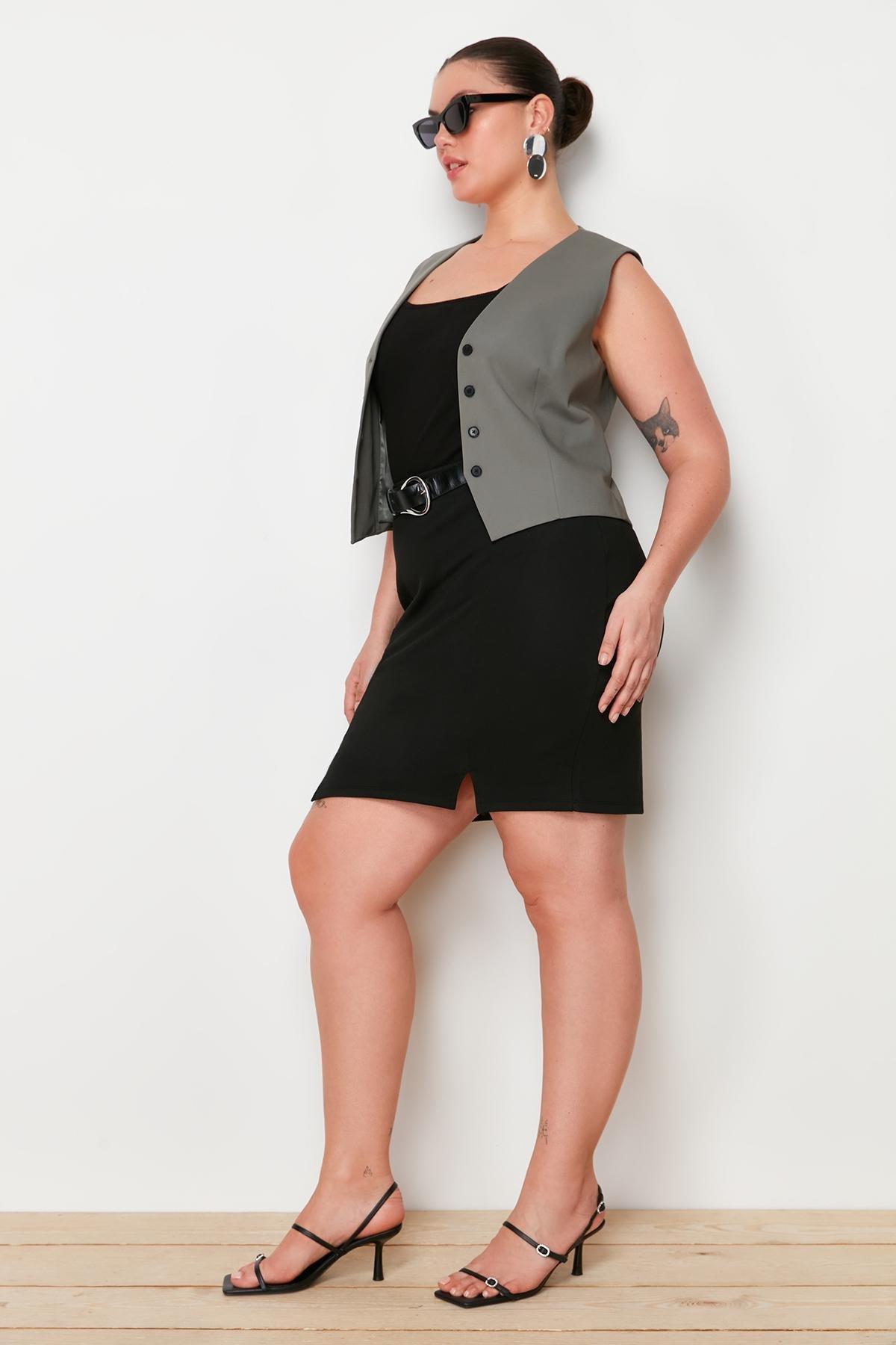 Black Mini Plus Size Pencil Skirt, , large image number 3