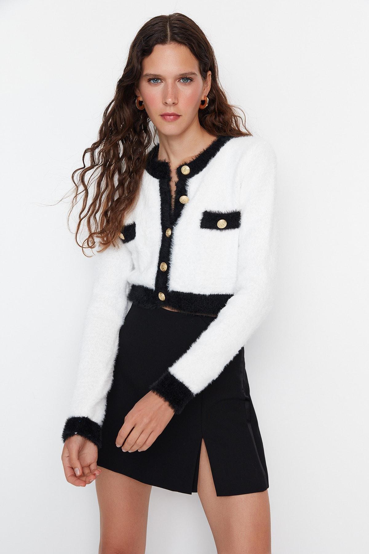 Ecru Colour Block Crew Neck Slim Cardigan, , large image number 0