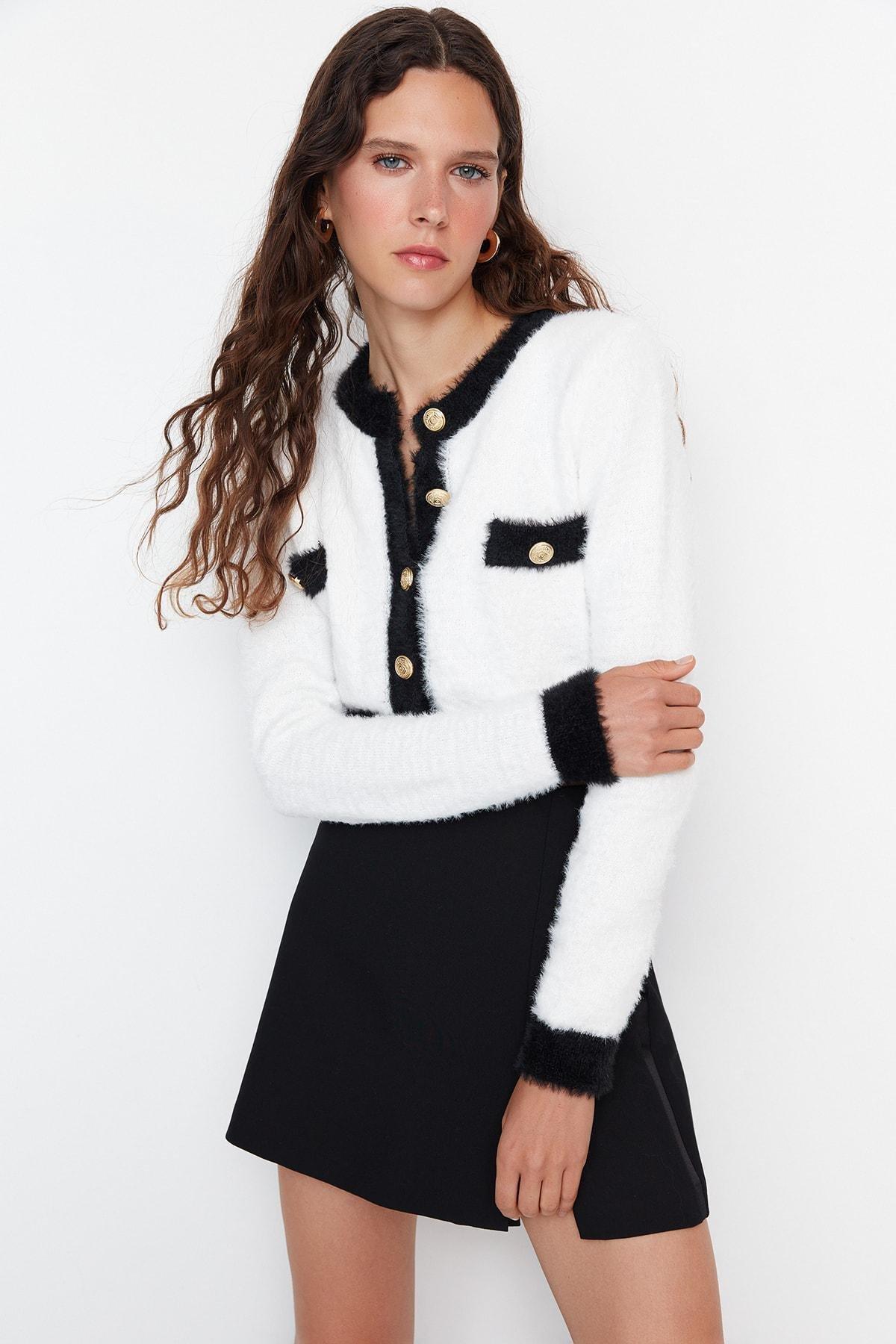 Ecru Colour Block Crew Neck Slim Cardigan, , large image number 1