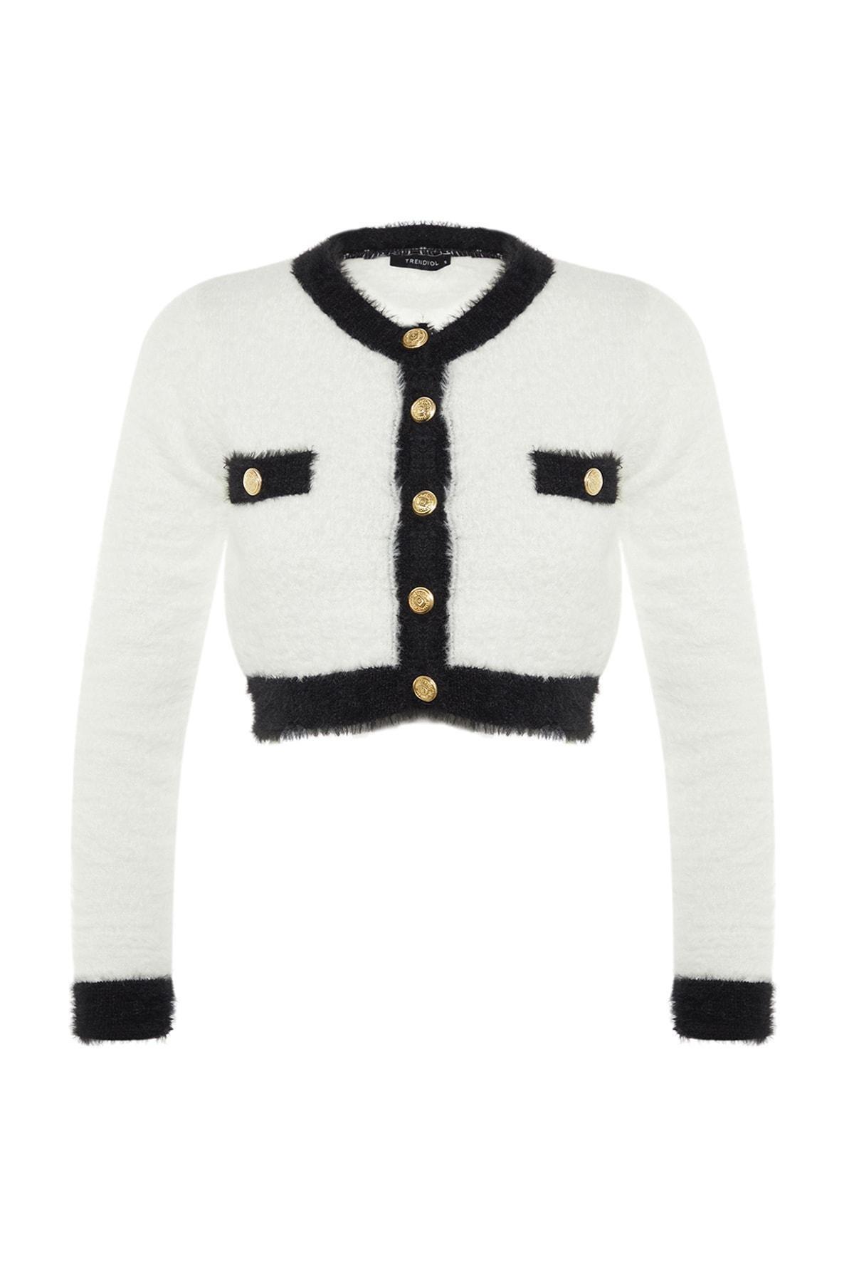 Ecru Colour Block Crew Neck Slim Cardigan, , large image number 3