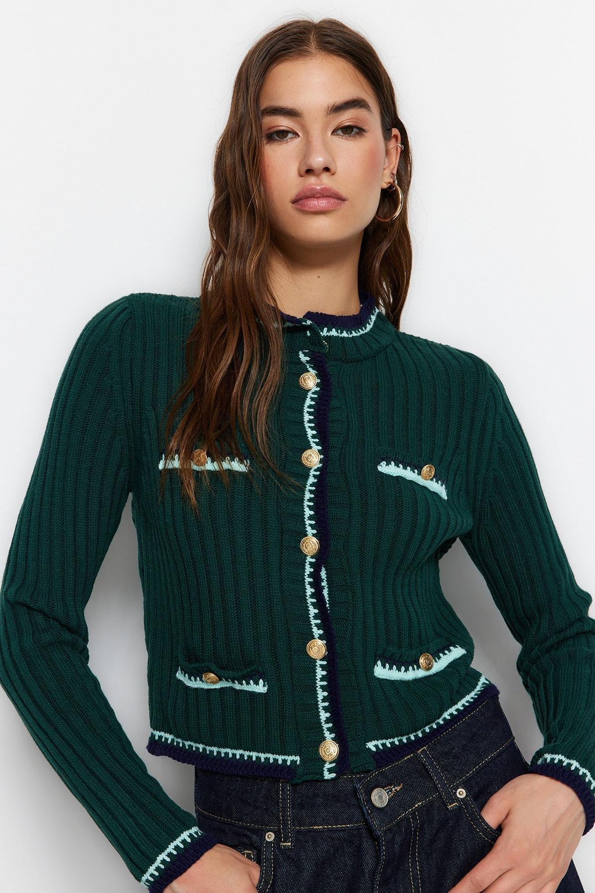 Green Colourblock Crew Neck Cardigan, , large image number 0