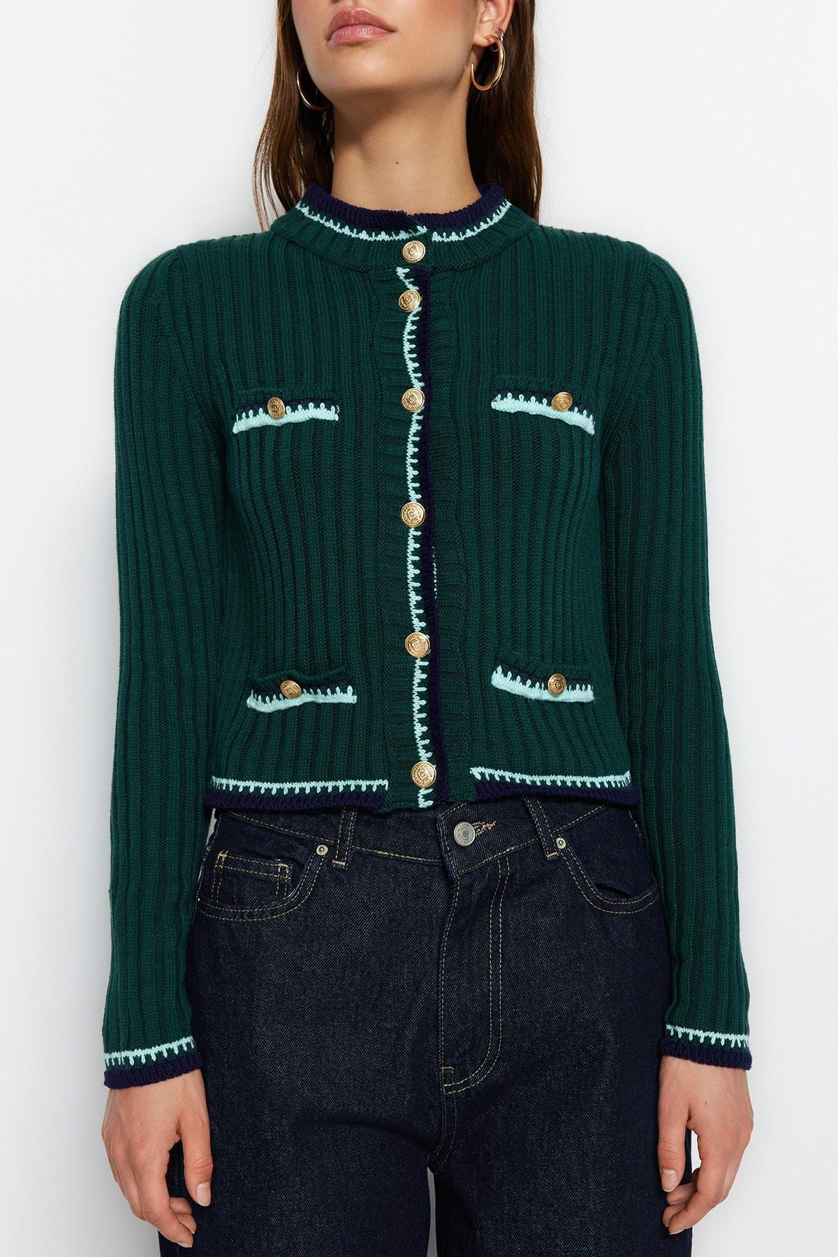 Green Colourblock Crew Neck Cardigan, , large image number 1