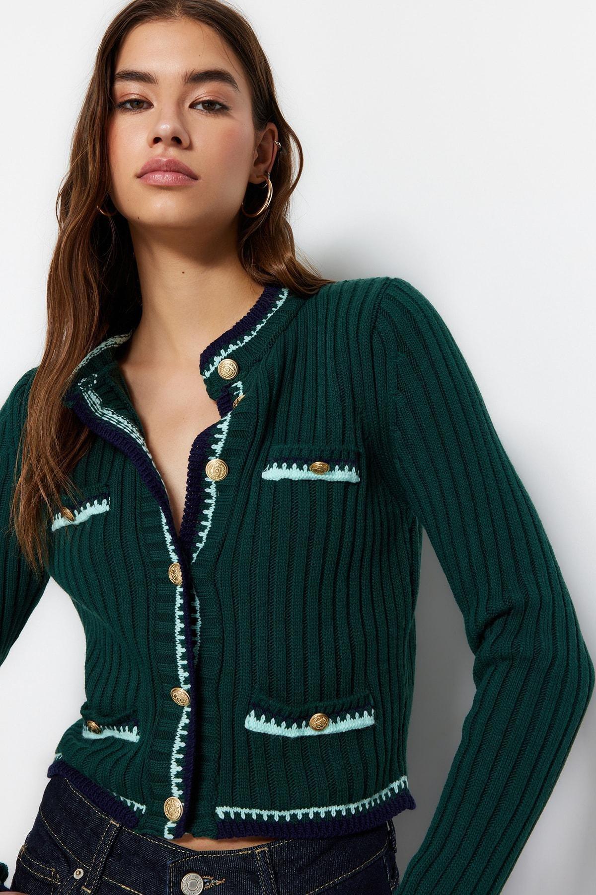 Green Colourblock Crew Neck Cardigan, , large image number 3