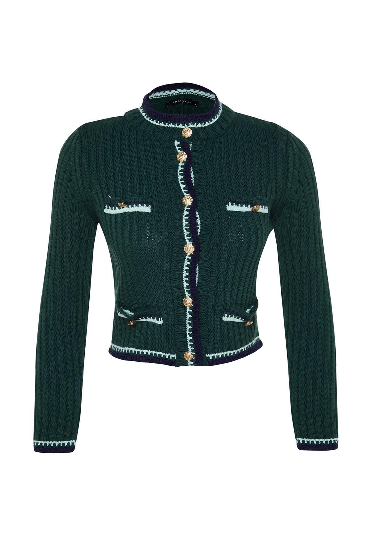 Green Colourblock Crew Neck Cardigan, , large image number 5