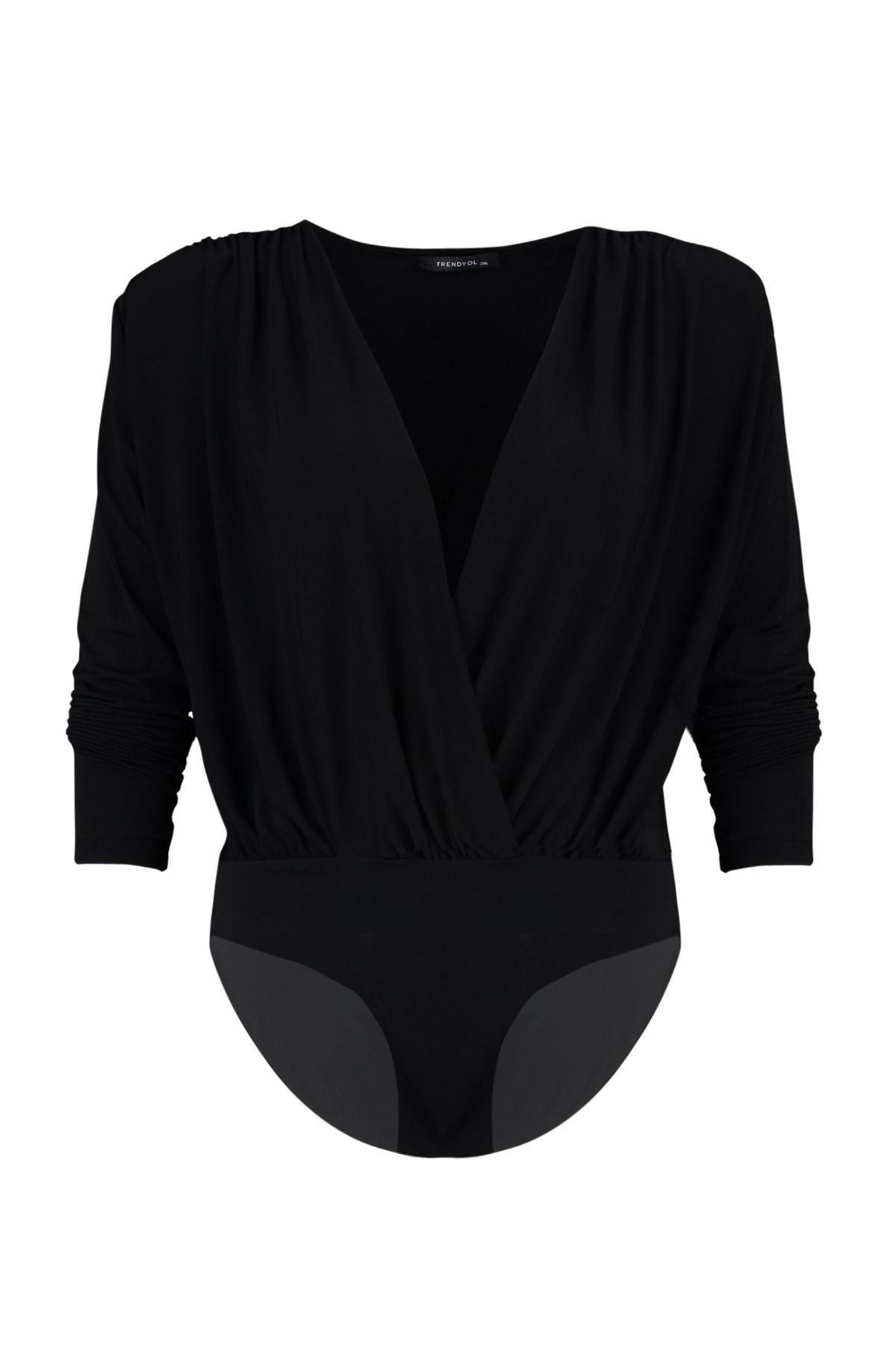 Trendyol - Black V-Neck Plus Size Bodysuit