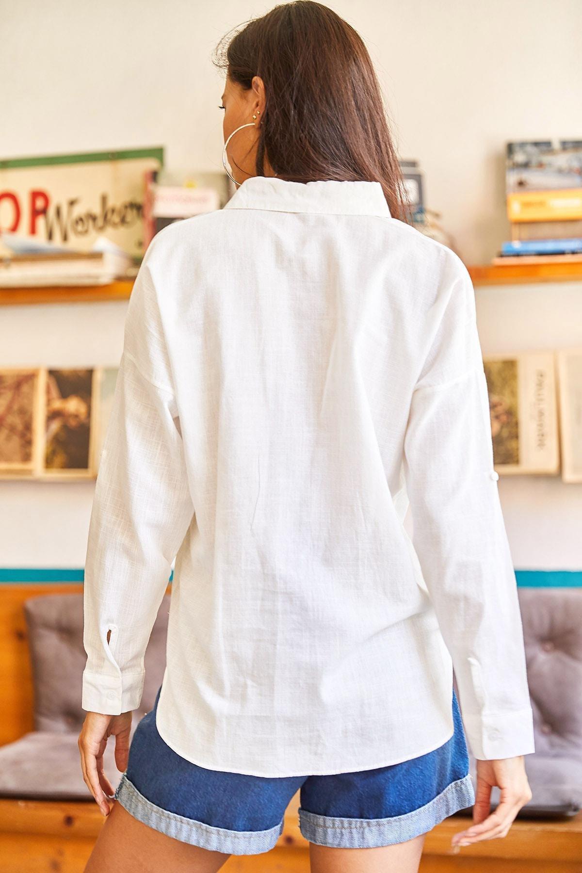 Ecru Loose Woven Linen Shirt With Embroidery Detail, , large image number 1