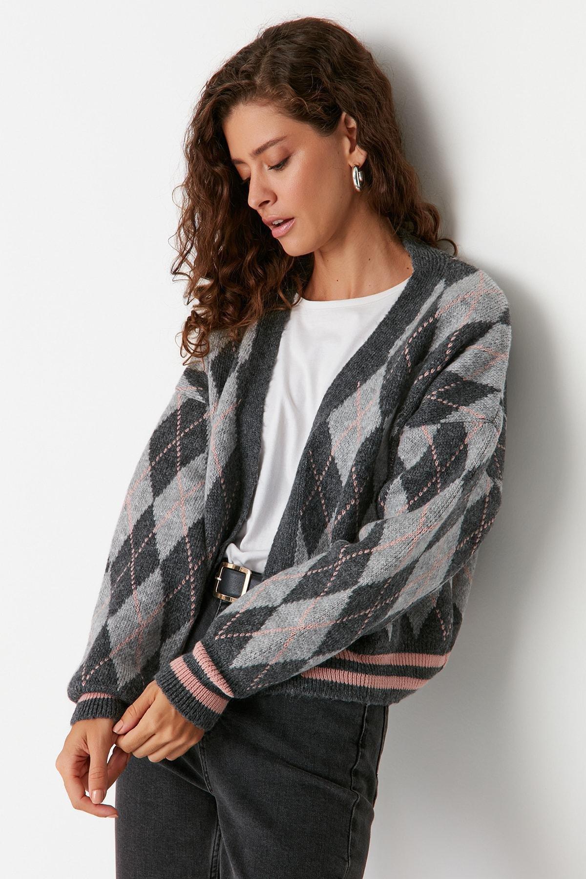 Gray Pattern Cardigan, , large image number 0