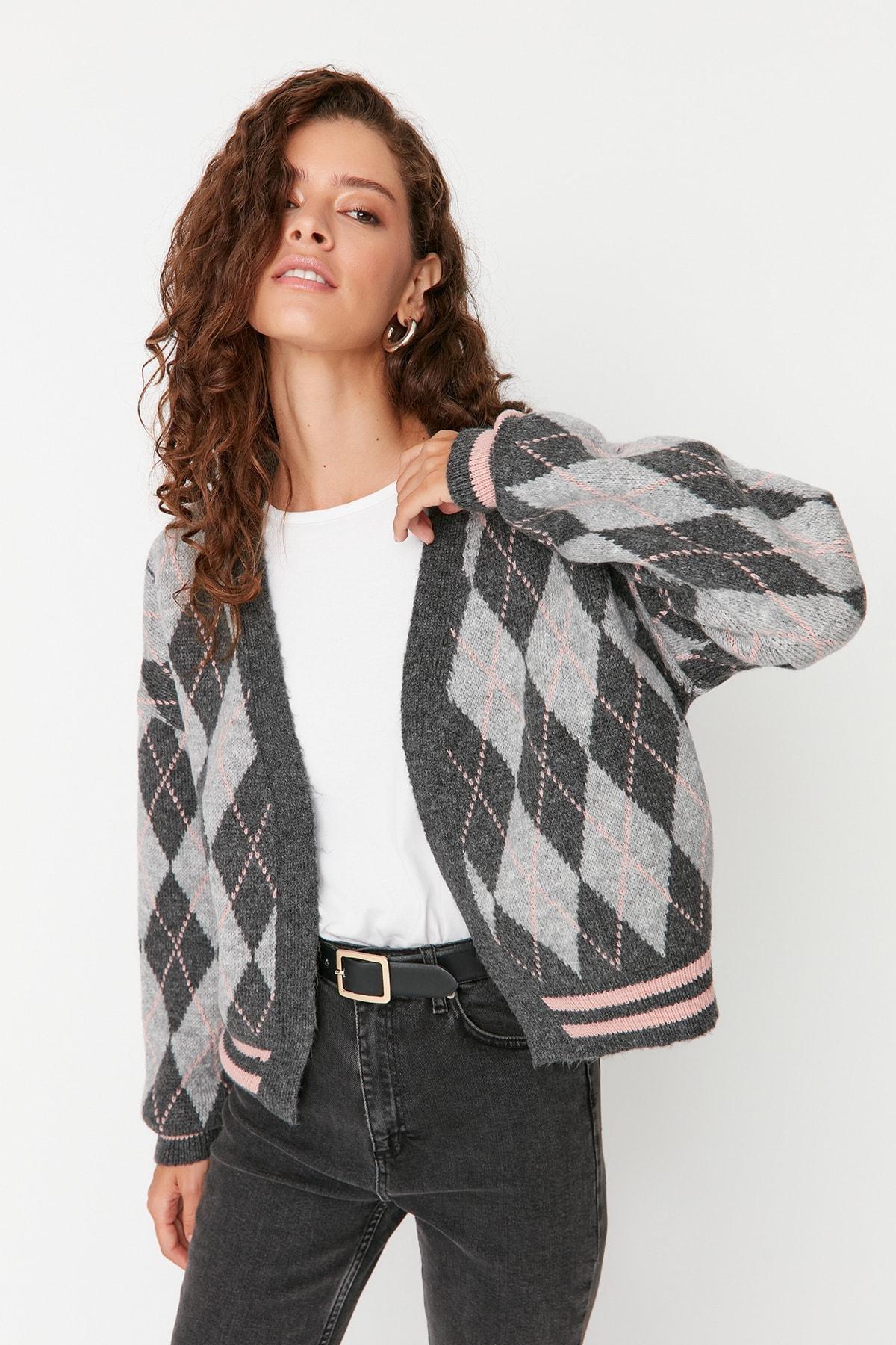 Gray Pattern Cardigan, , large image number 1