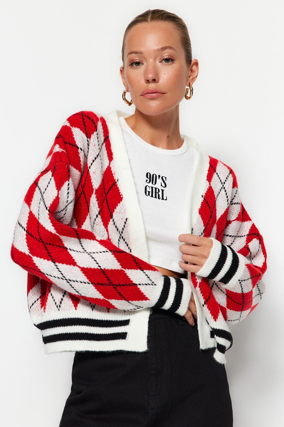 Red Patterned V-Neck Cardigan, , large image number 0