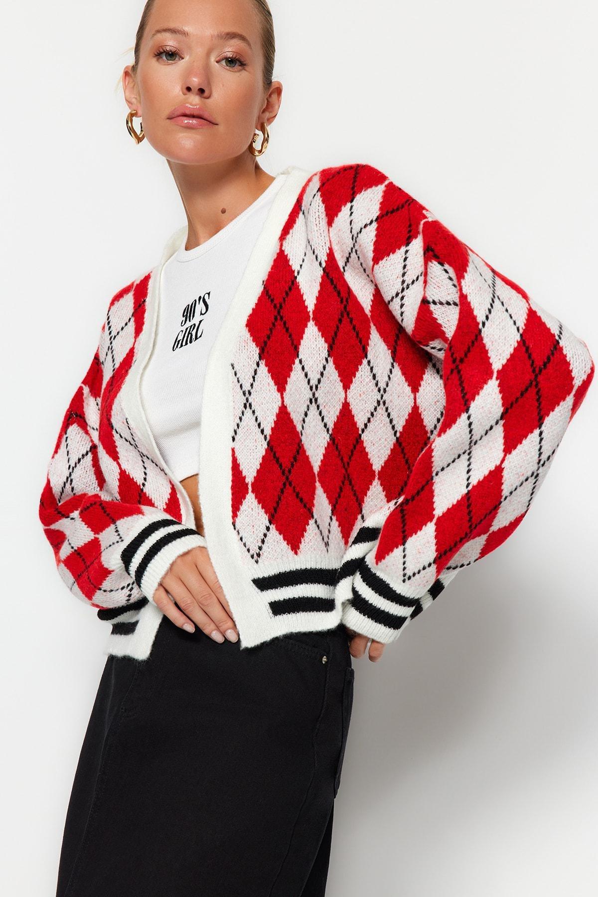 Red Patterned V-Neck Cardigan, , large image number 1