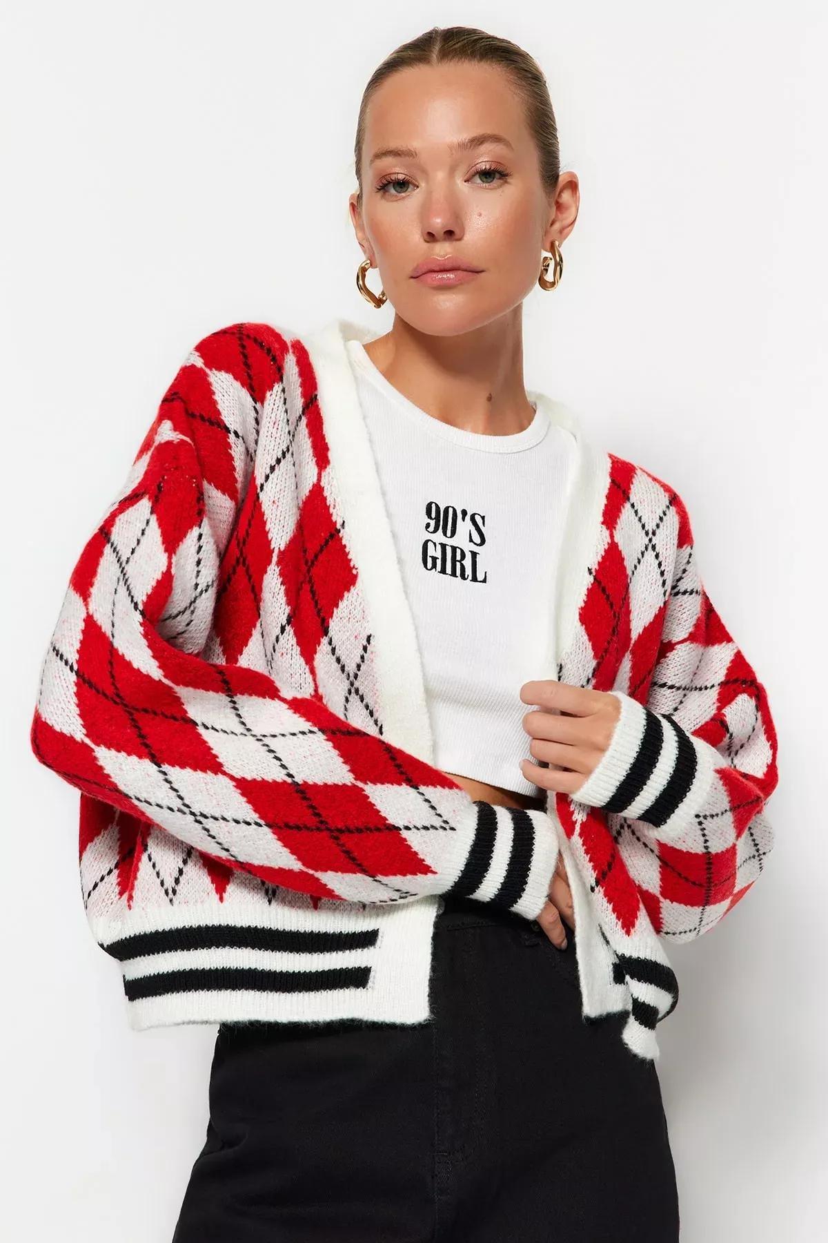 Red Patterned V-Neck Cardigan, , large image number 1