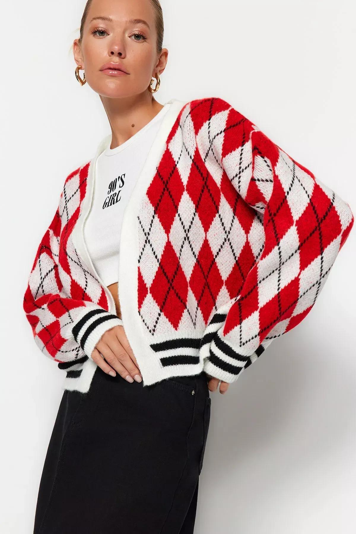 Red Patterned V-Neck Cardigan, , large image number 2