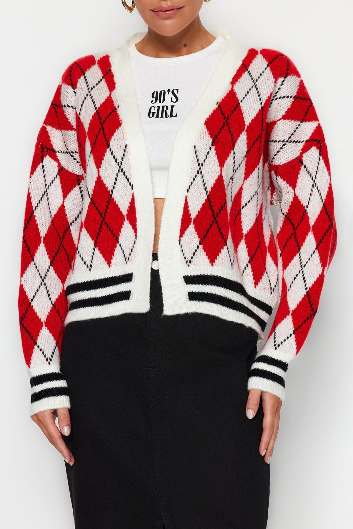 Red Patterned V-Neck Cardigan, , large image number 3