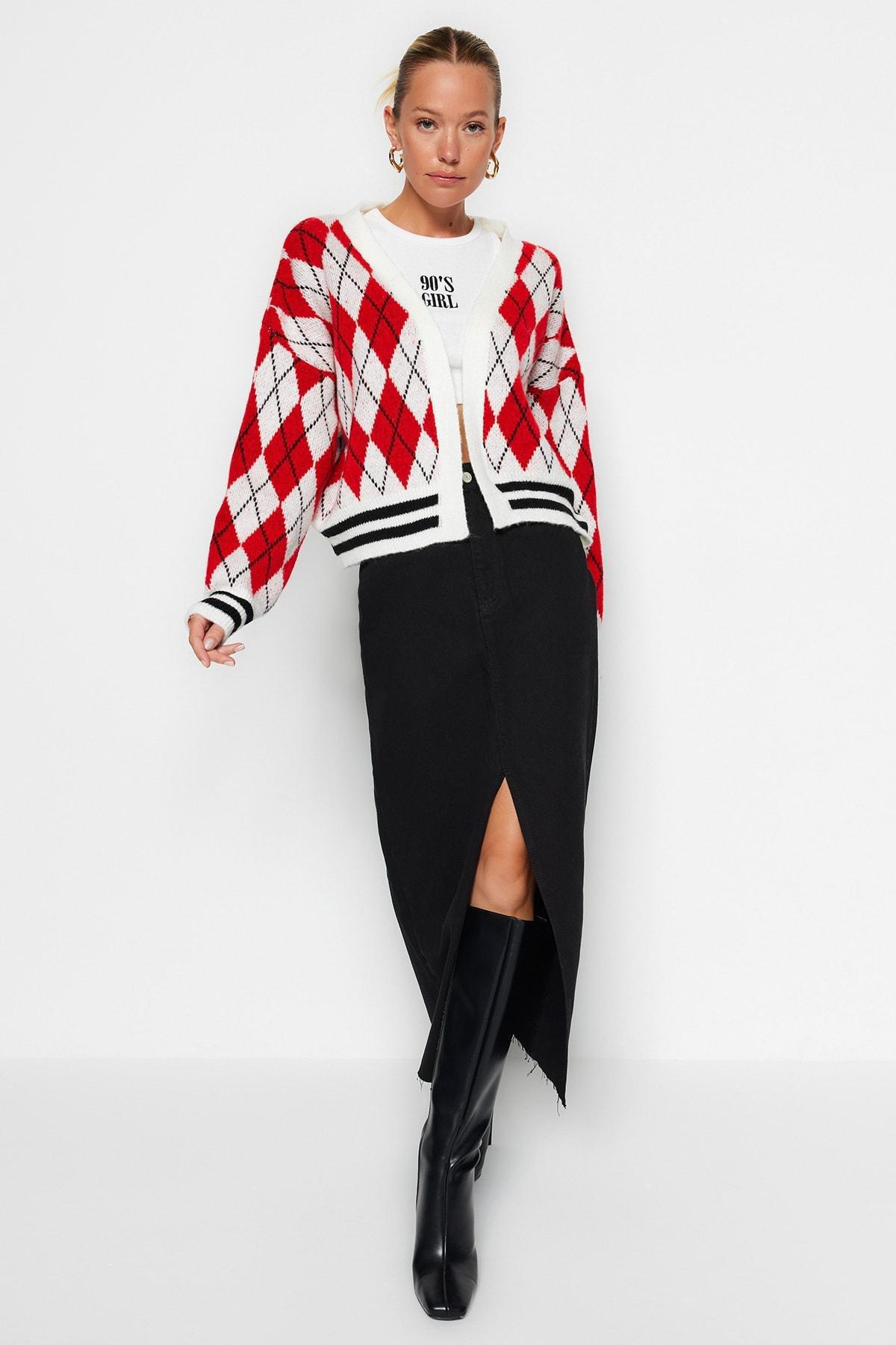 Red Patterned V-Neck Cardigan, , large image number 4