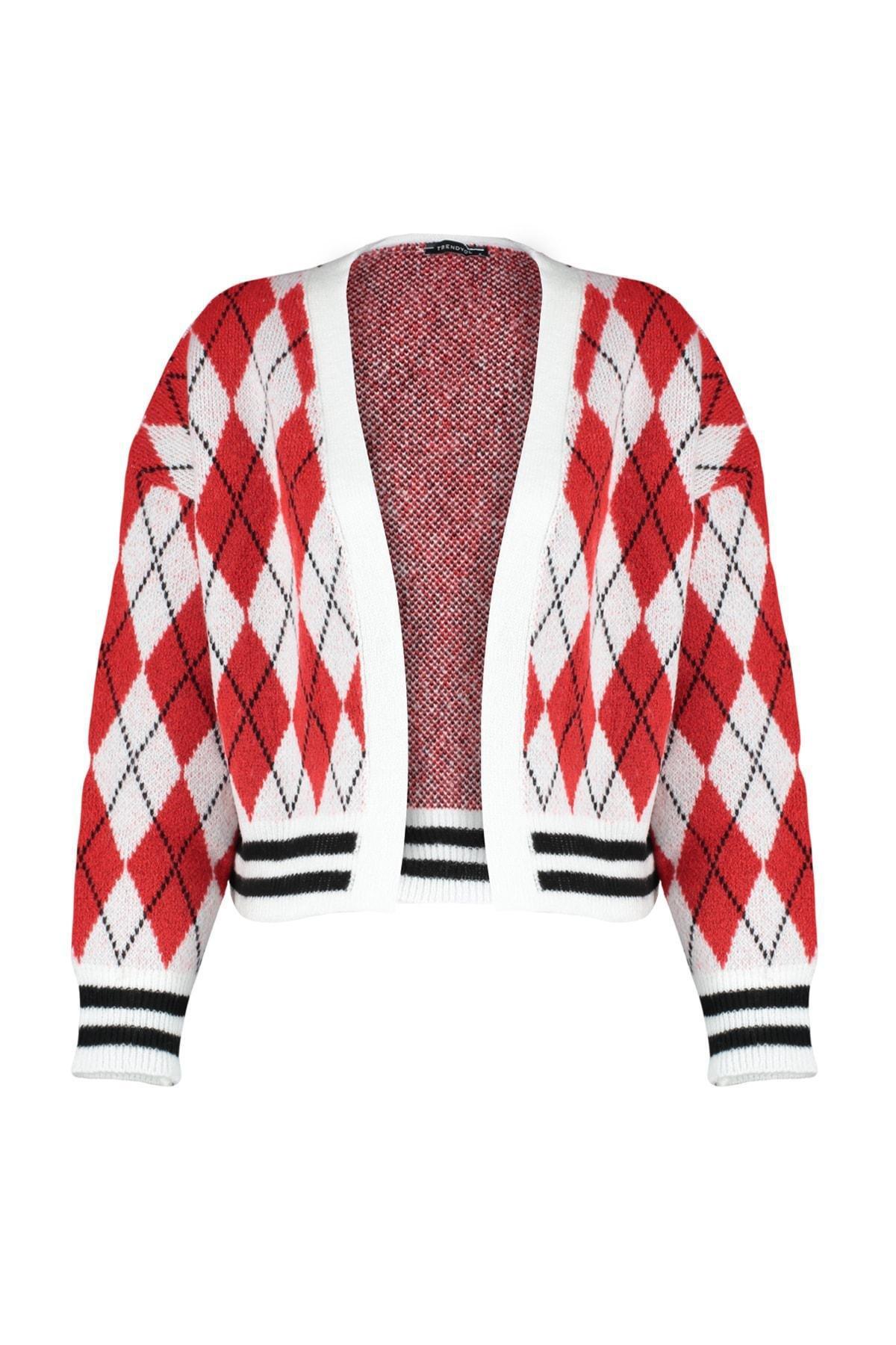 Trendyol - Red Patterned V-Neck Cardigan