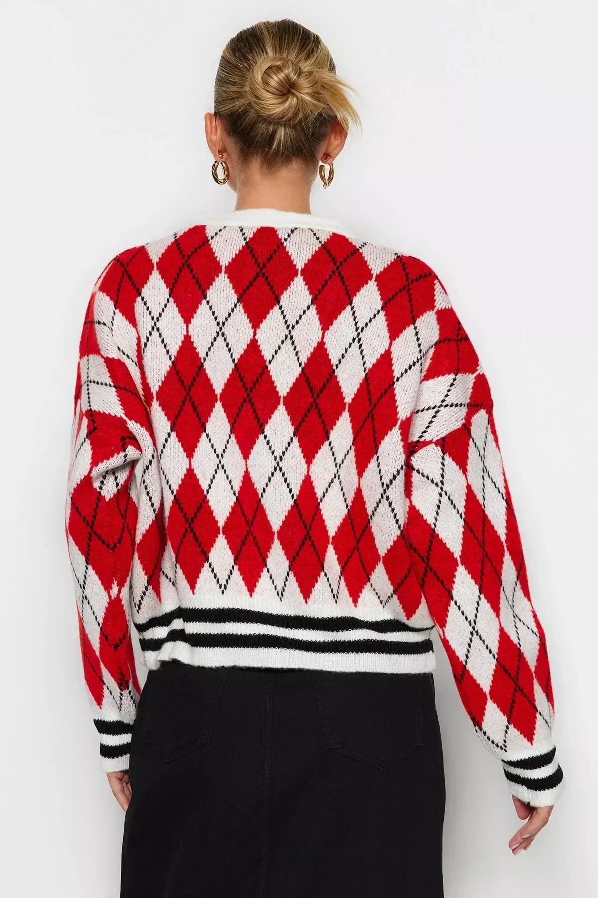Red Patterned V-Neck Cardigan, , large image number 5