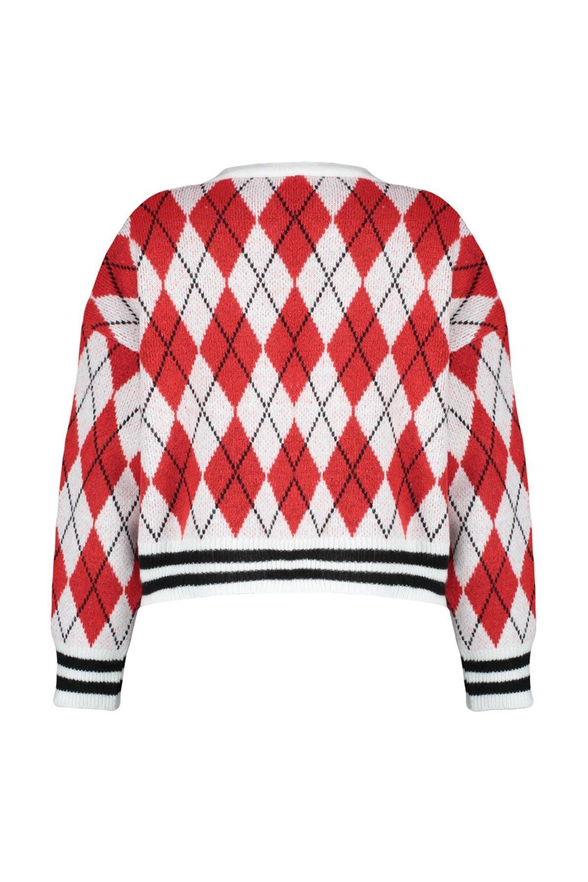 Red Patterned V-Neck Cardigan, , large image number 6