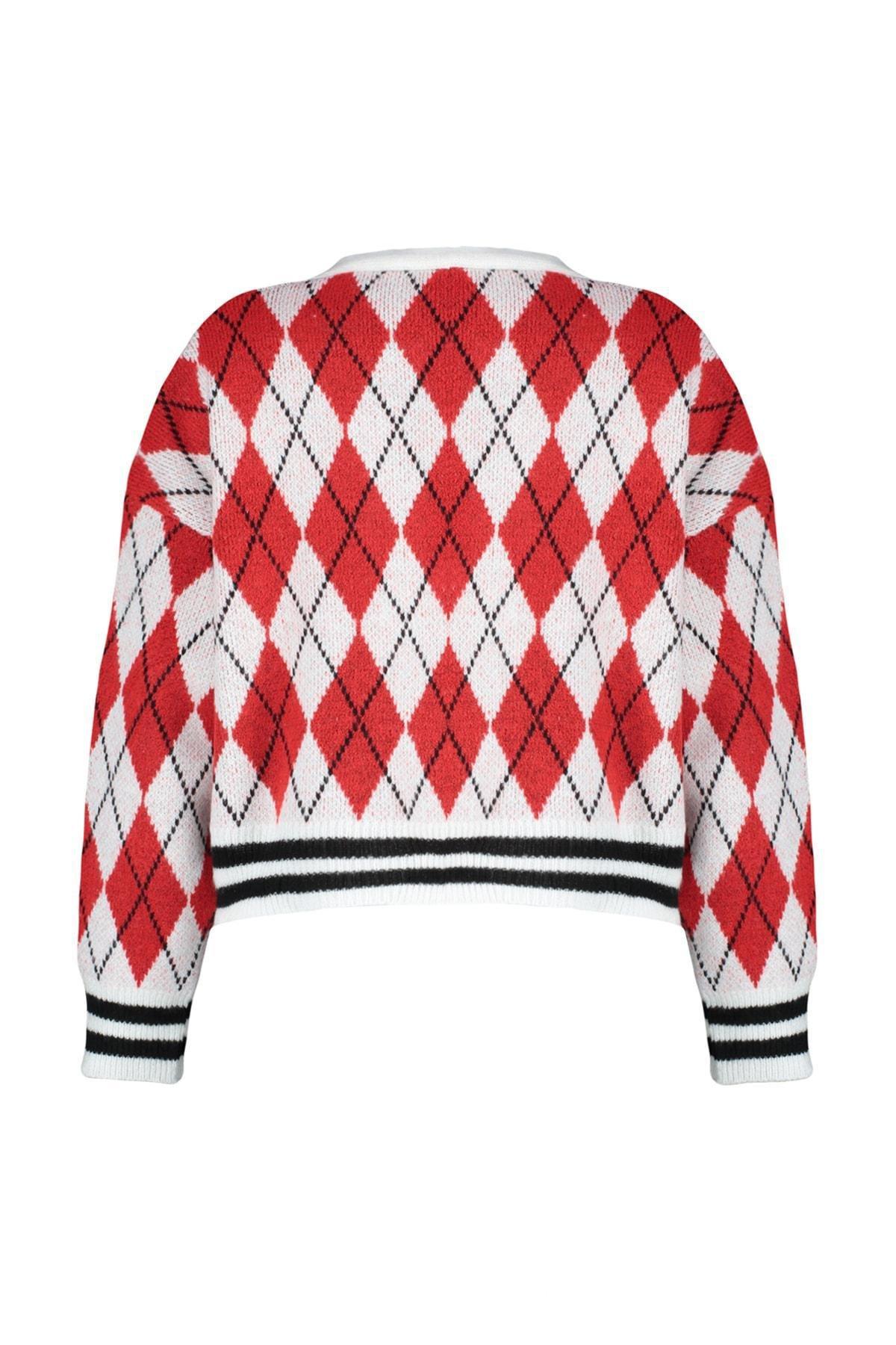 Trendyol - Red Patterned V-Neck Cardigan