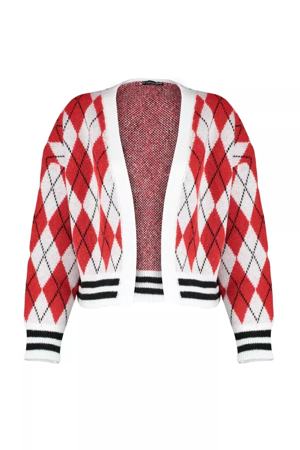 Red Patterned V-Neck Cardigan, , large image number 6