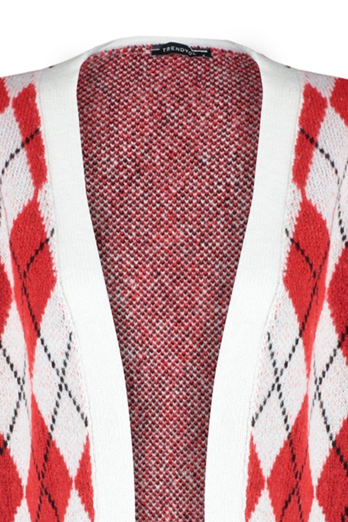 Trendyol - Red Patterned V-Neck Cardigan