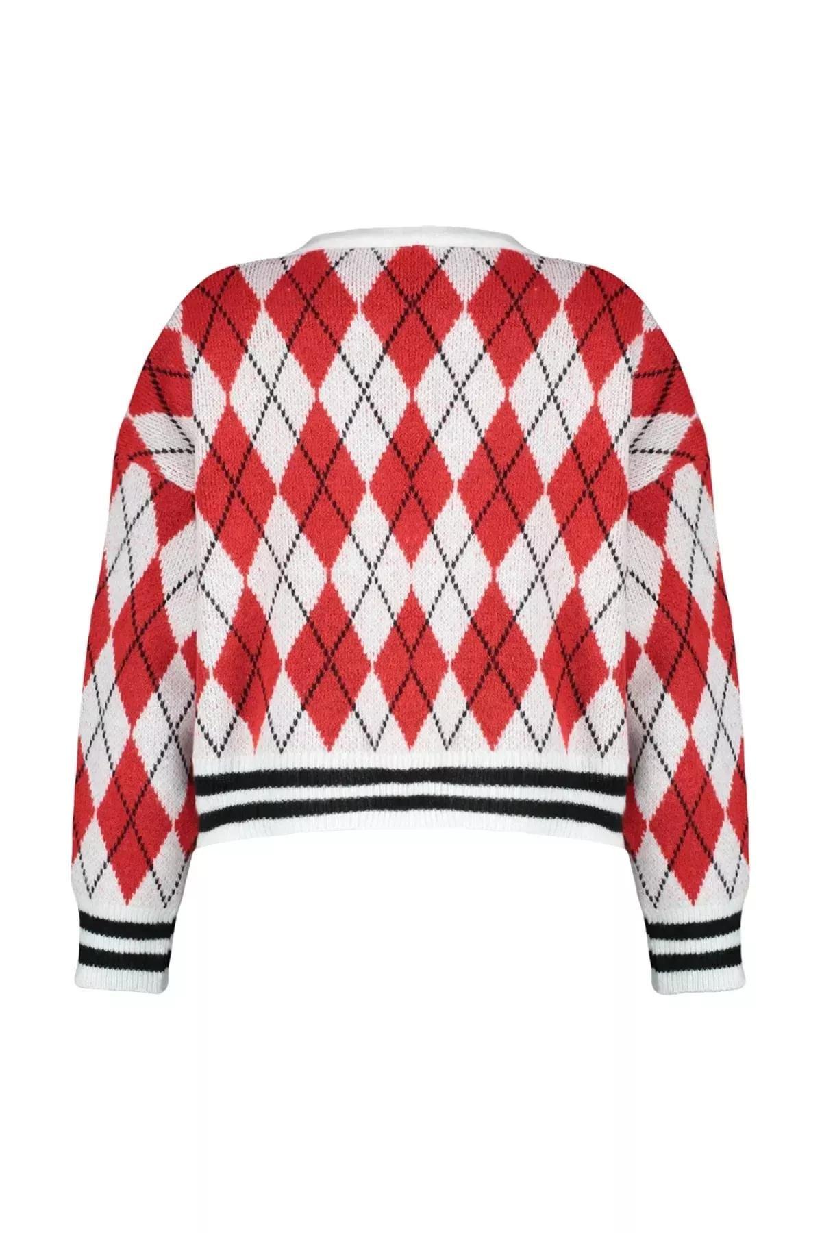 Red Patterned V-Neck Cardigan, , large image number 7