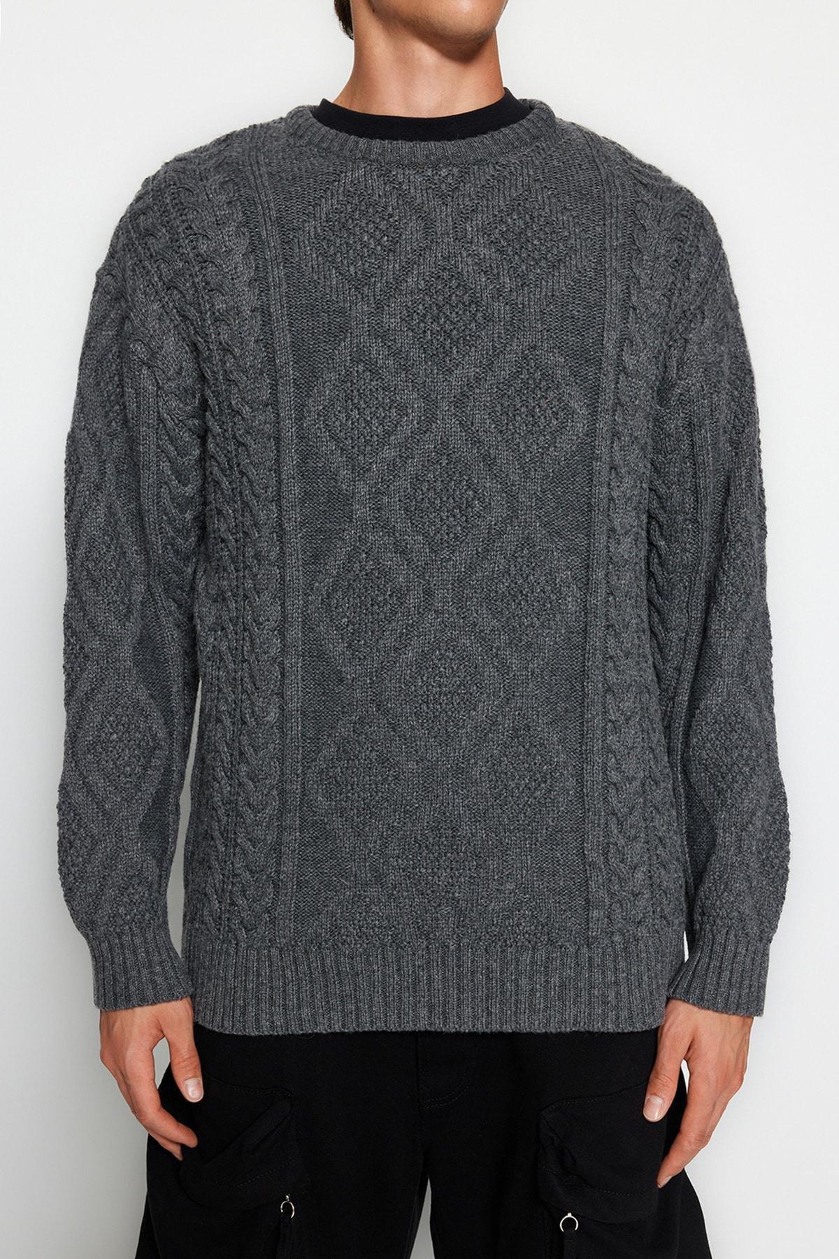 Trendyol - Grey Oversize Hair Knitted Sweater