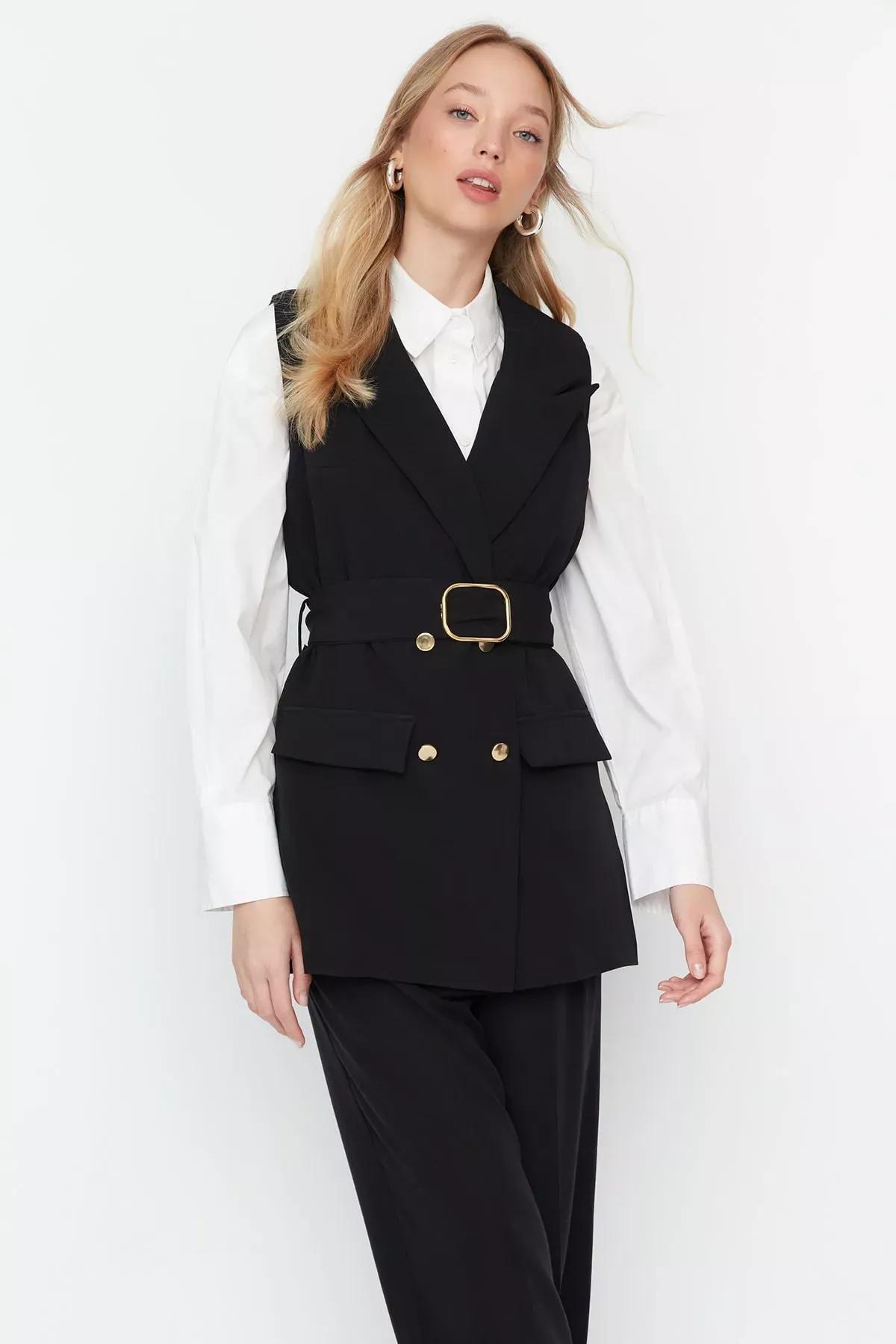 Lapel Collar Vest, Black, large image number 0