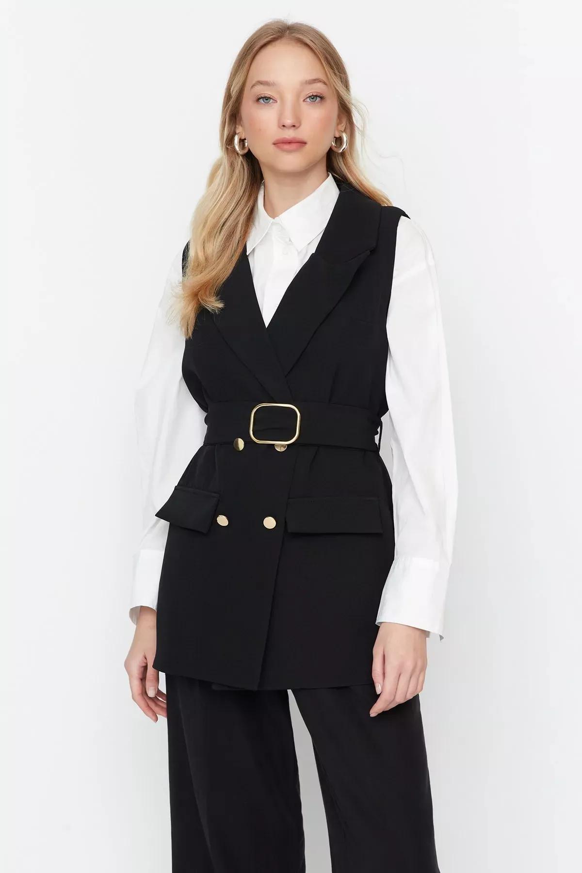 Lapel Collar Vest, Black, large image number 1